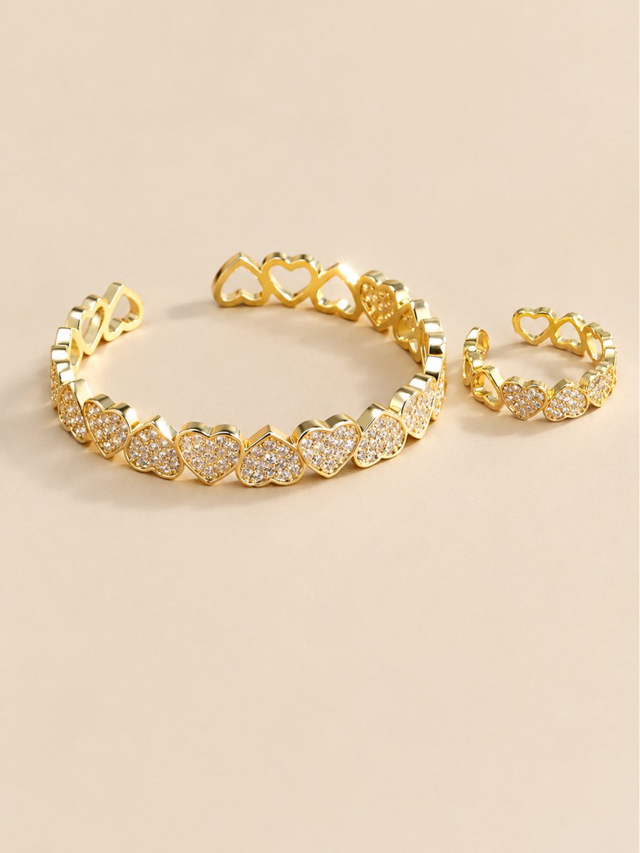 2 - Piece Embellished Heart Cuff Bracelet and Ring Jewelry Set