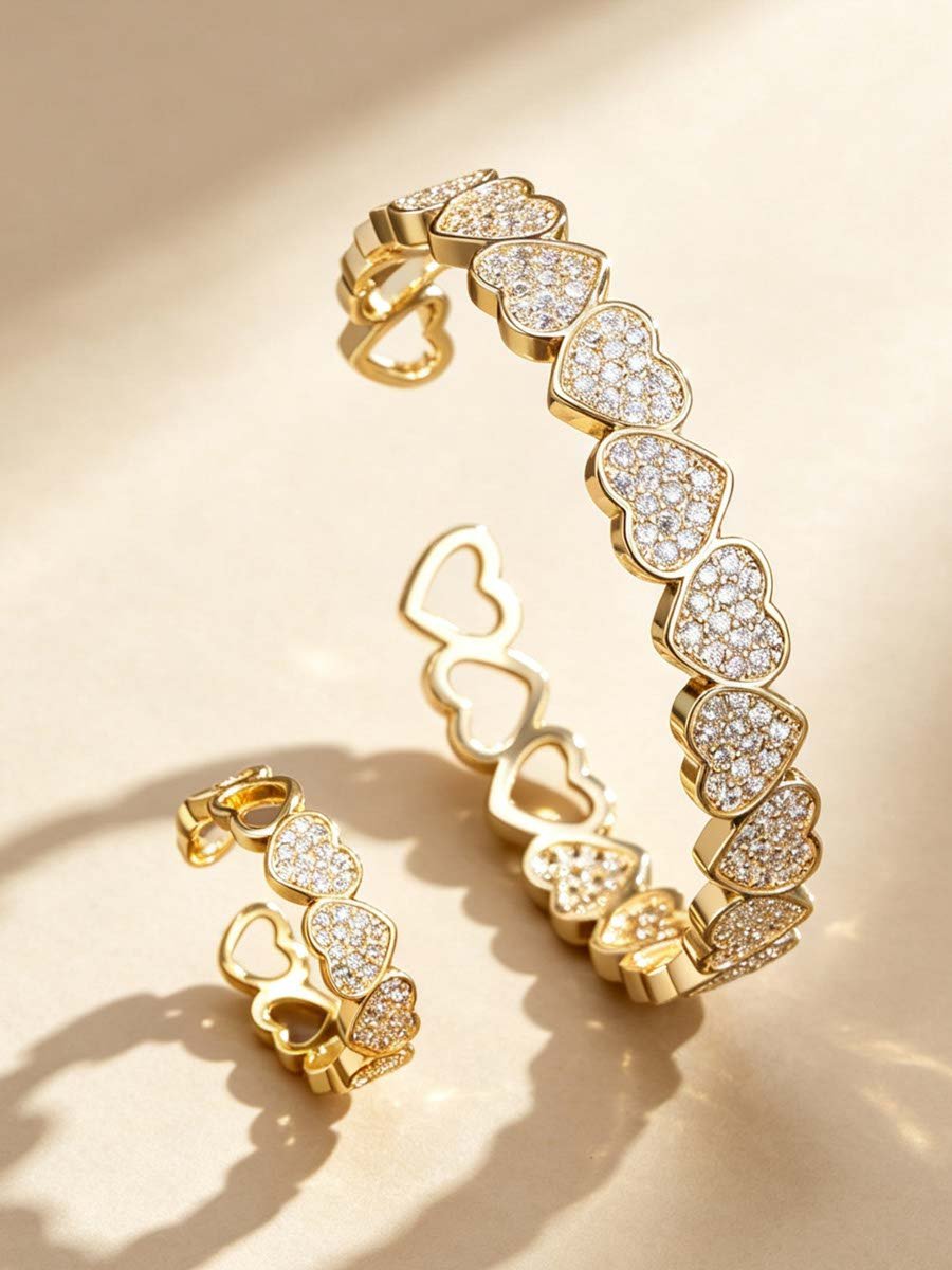 2 - Piece Embellished Heart Cuff Bracelet and Ring Jewelry Set