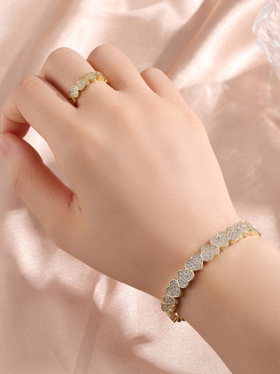 2 - Piece Embellished Heart Cuff Bracelet and Ring Jewelry Set