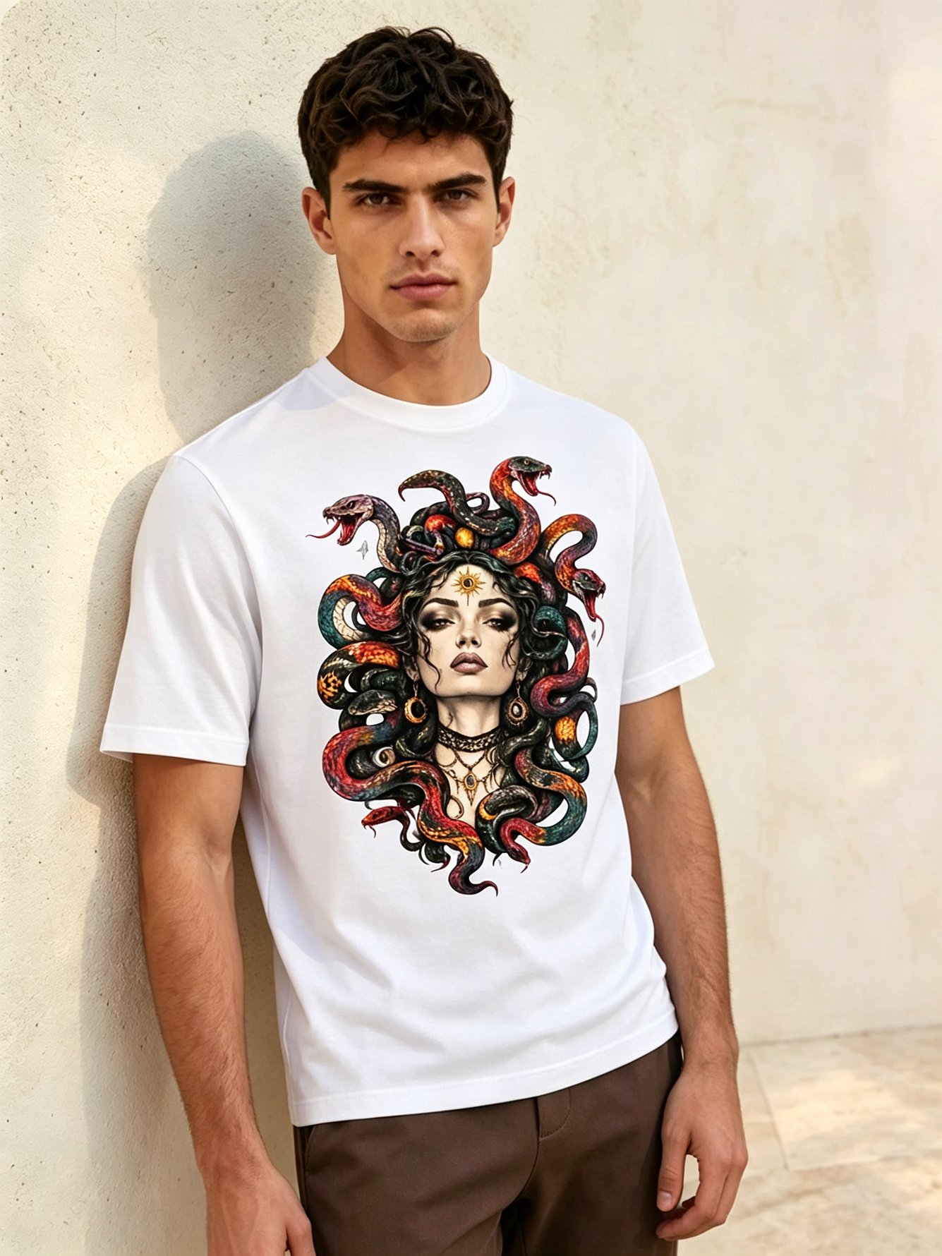 White Printed Round Neck Regular T-Shirt