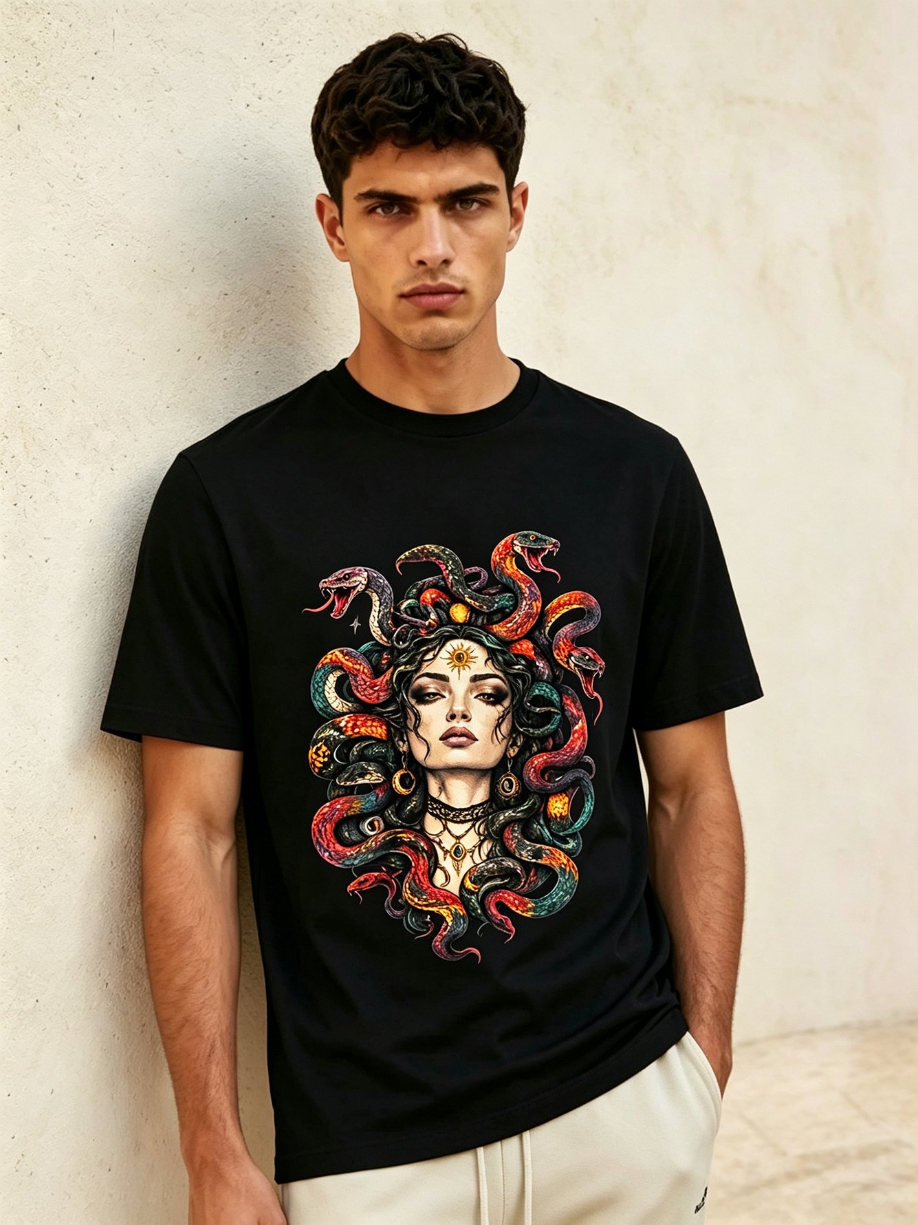 Black Printed Round Neck Regular T-Shirt