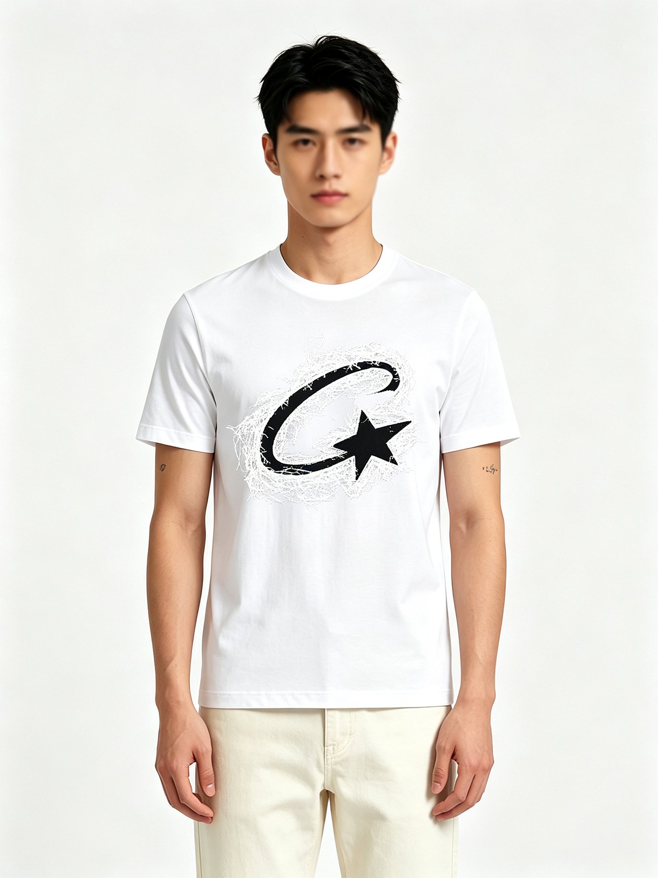 White Printed Round Neck Regular T-Shirt