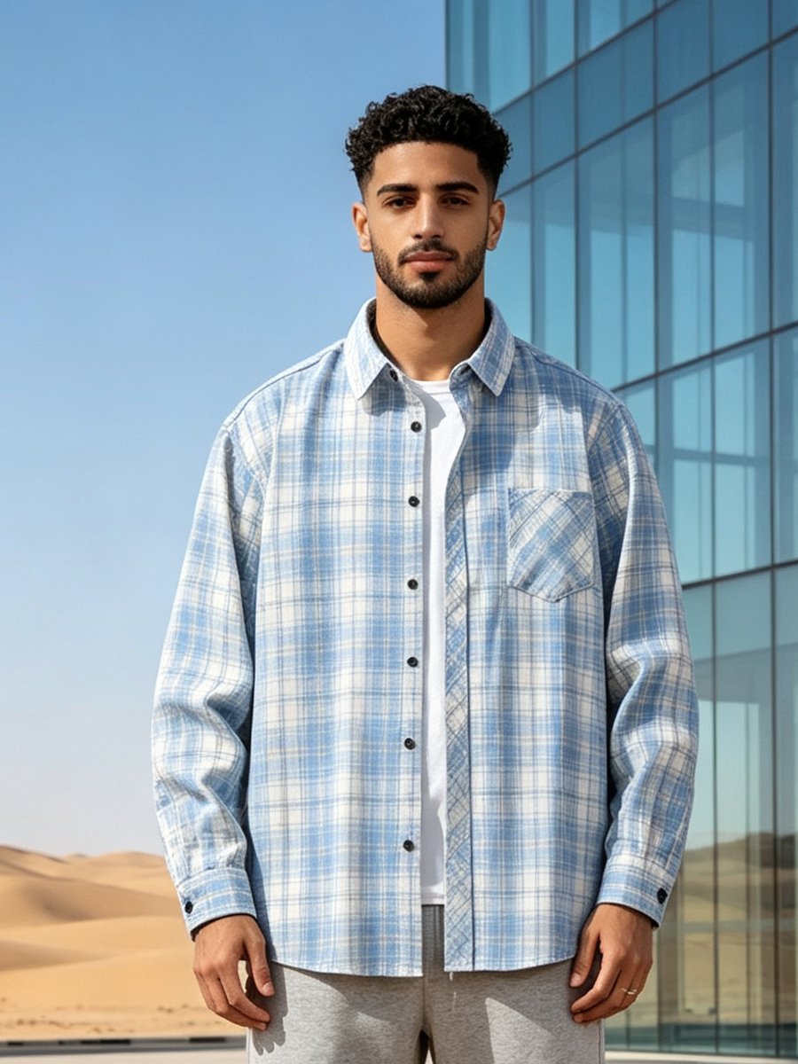 Light Blue Checked Long Sleeves Regular Shirt