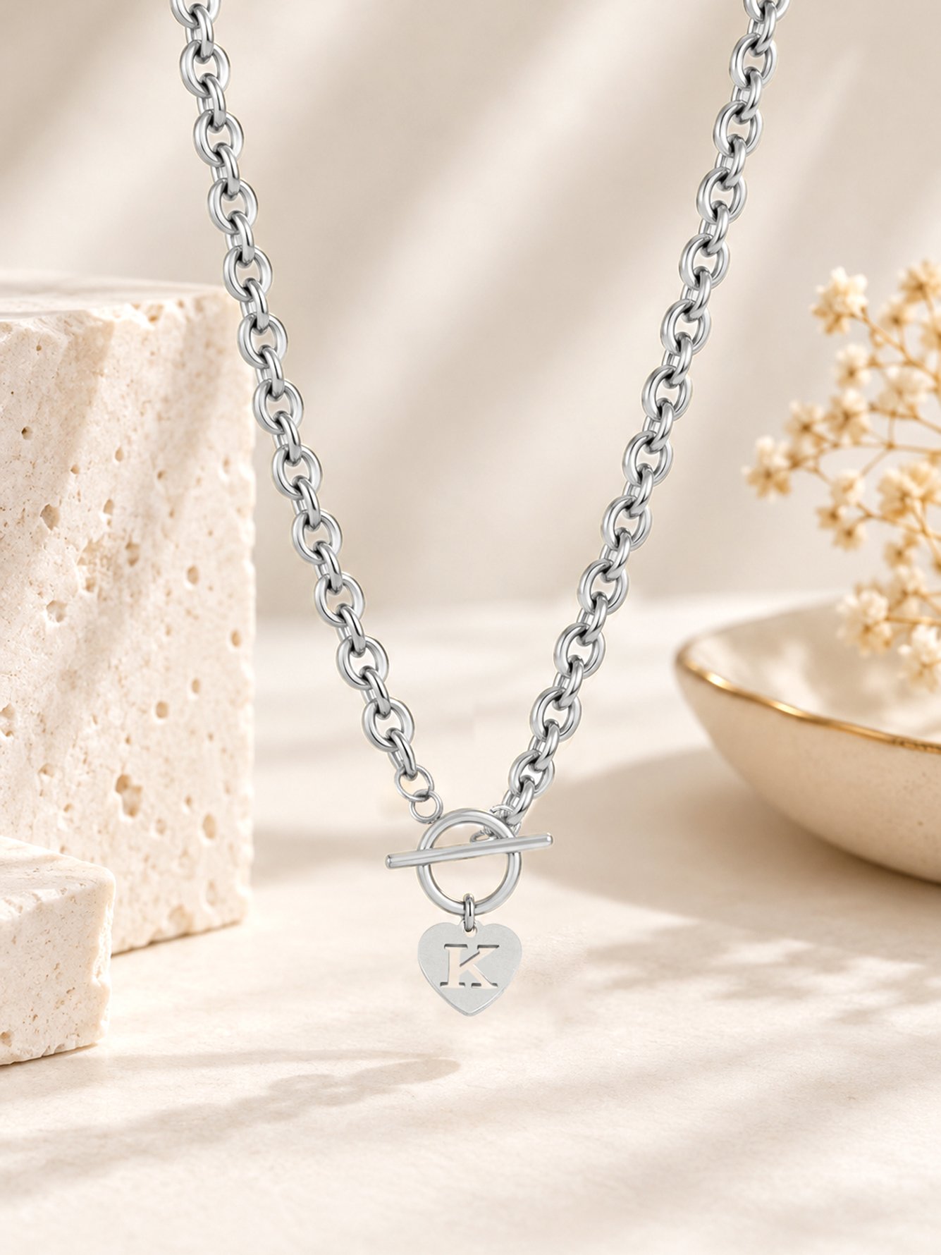 1pcs Fashion Silver Stainless Steel Heart Initial Pendant Toggle Clasp Chain Necklace Women For Party