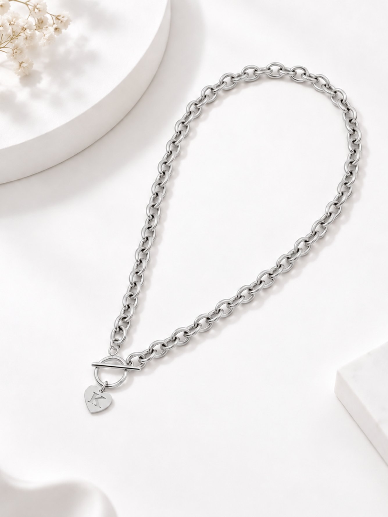 1pcs Fashion Silver Stainless Steel Heart Initial Pendant Toggle Clasp Chain Necklace Women For Party