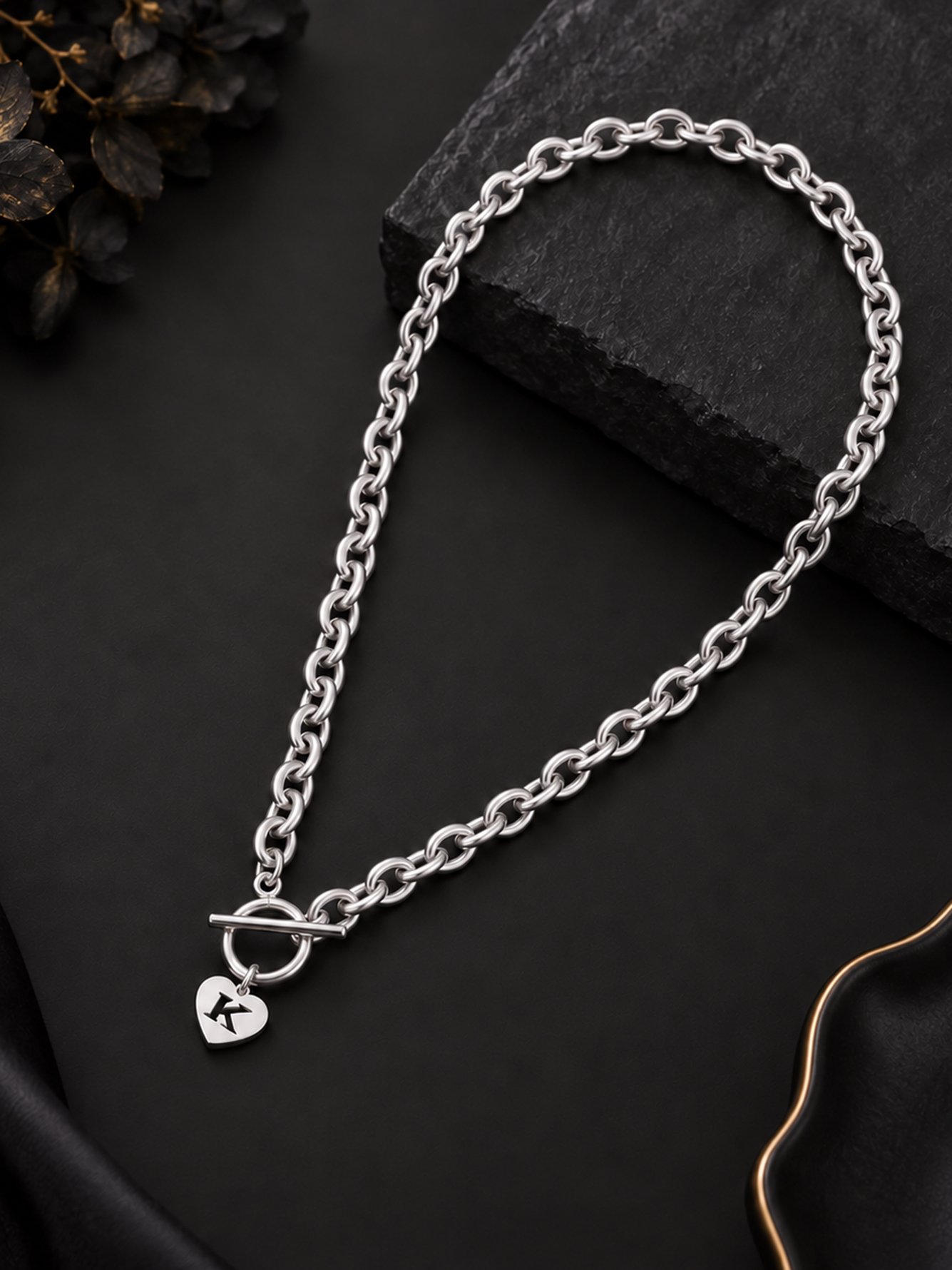 1pcs Fashion Silver Stainless Steel Heart Initial Pendant Toggle Clasp Chain Necklace Women For Party