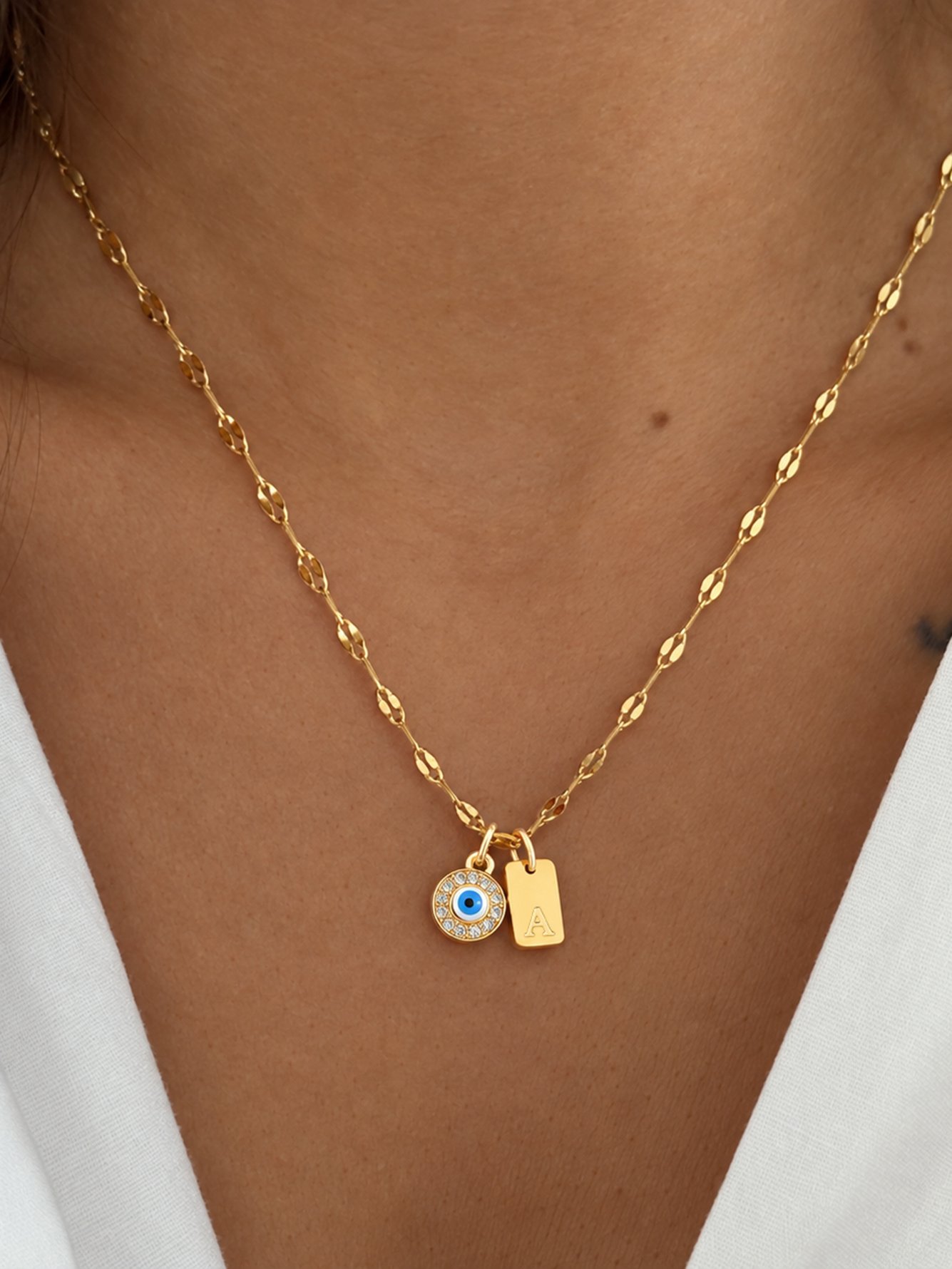 1Pcs New Fashion Rectangle Initial Round Eye Pendant Golden Stainless Steel Lip Chain Necklace For Women