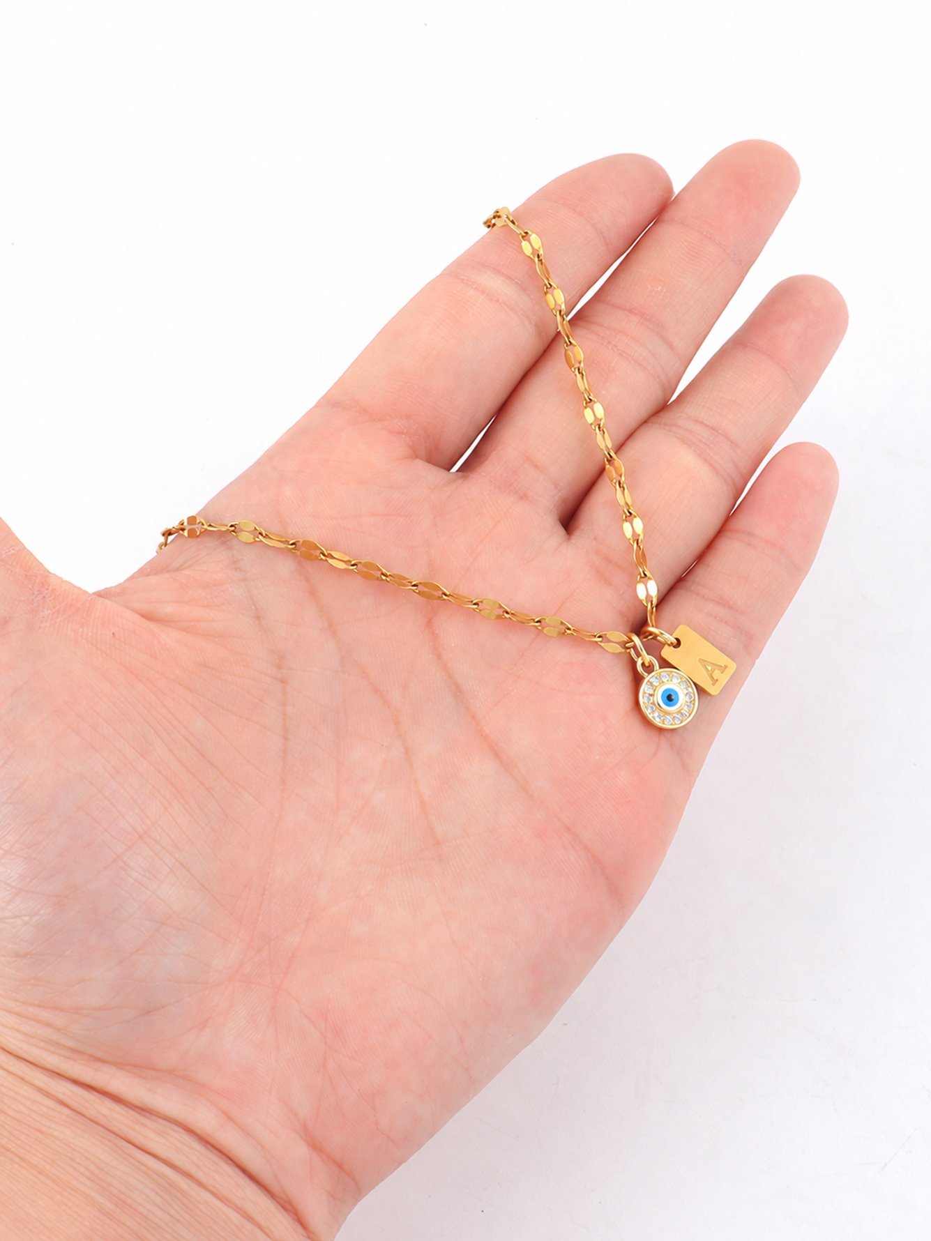 1Pcs New Fashion Rectangle Initial Round Eye Pendant Golden Stainless Steel Lip Chain Necklace For Women