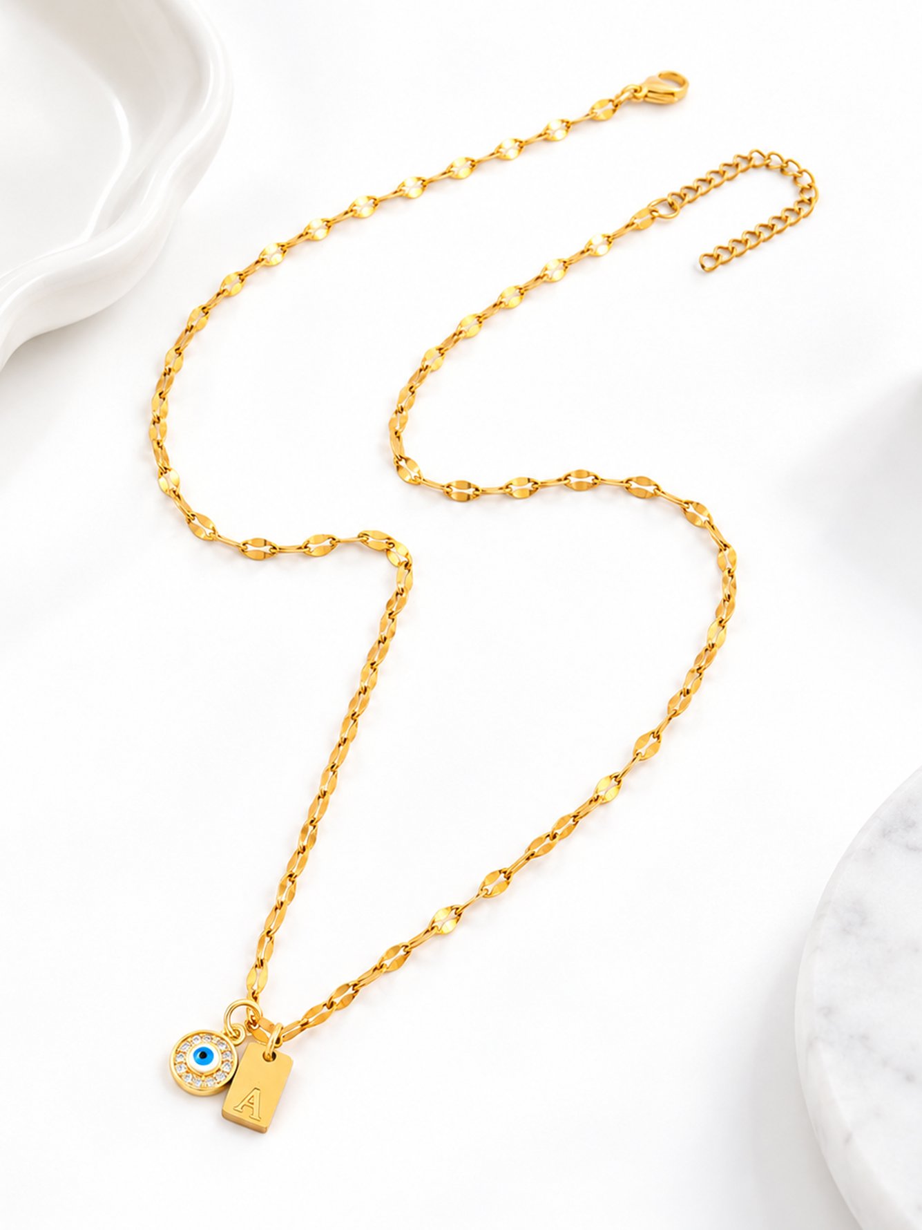 1Pcs New Fashion Rectangle Initial Round Eye Pendant Golden Stainless Steel Lip Chain Necklace For Women