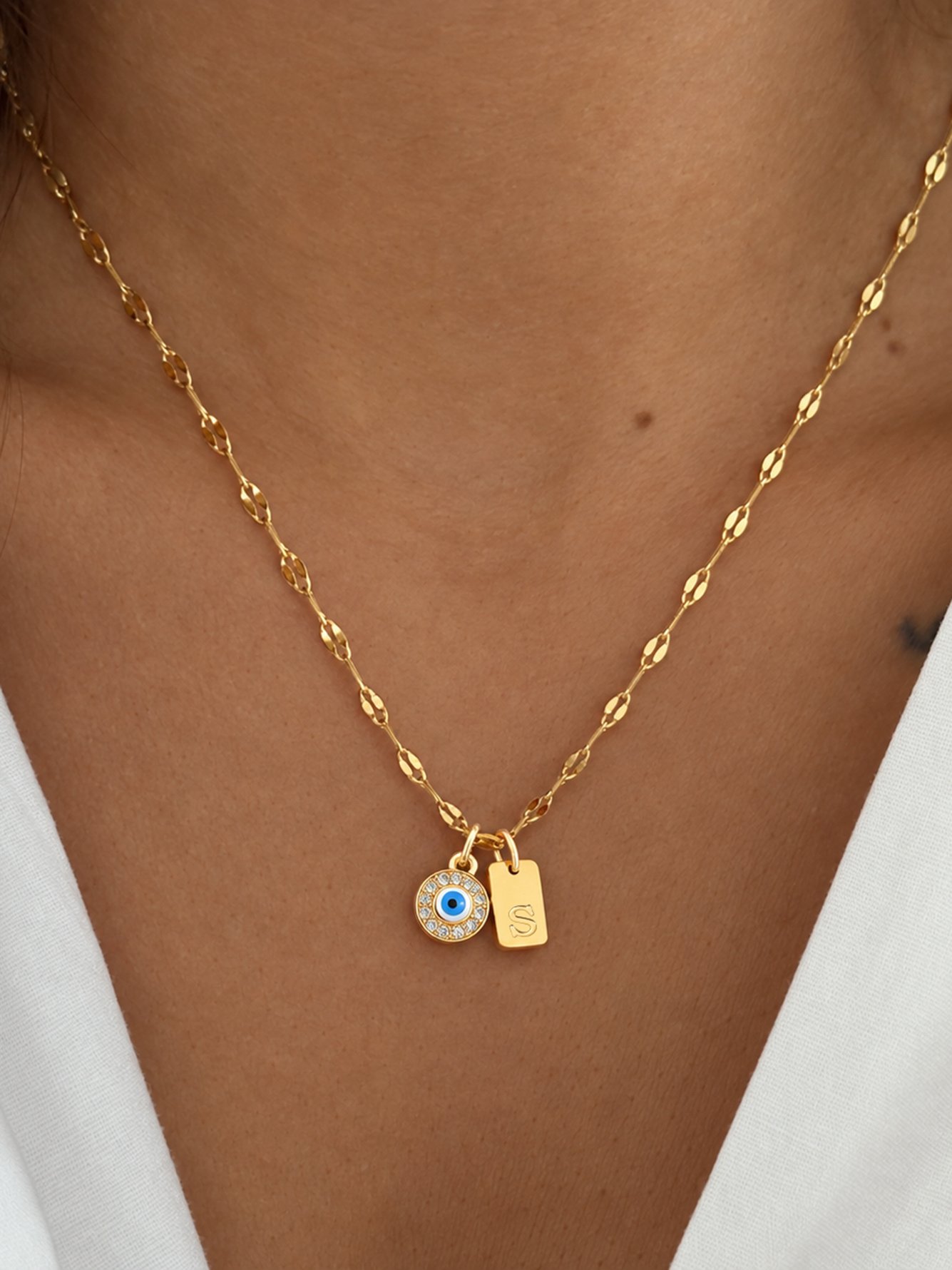 1Pcs New Fashion Rectangle Initial Round Eye Pendant Golden Stainless Steel Lip Chain Necklace For Women