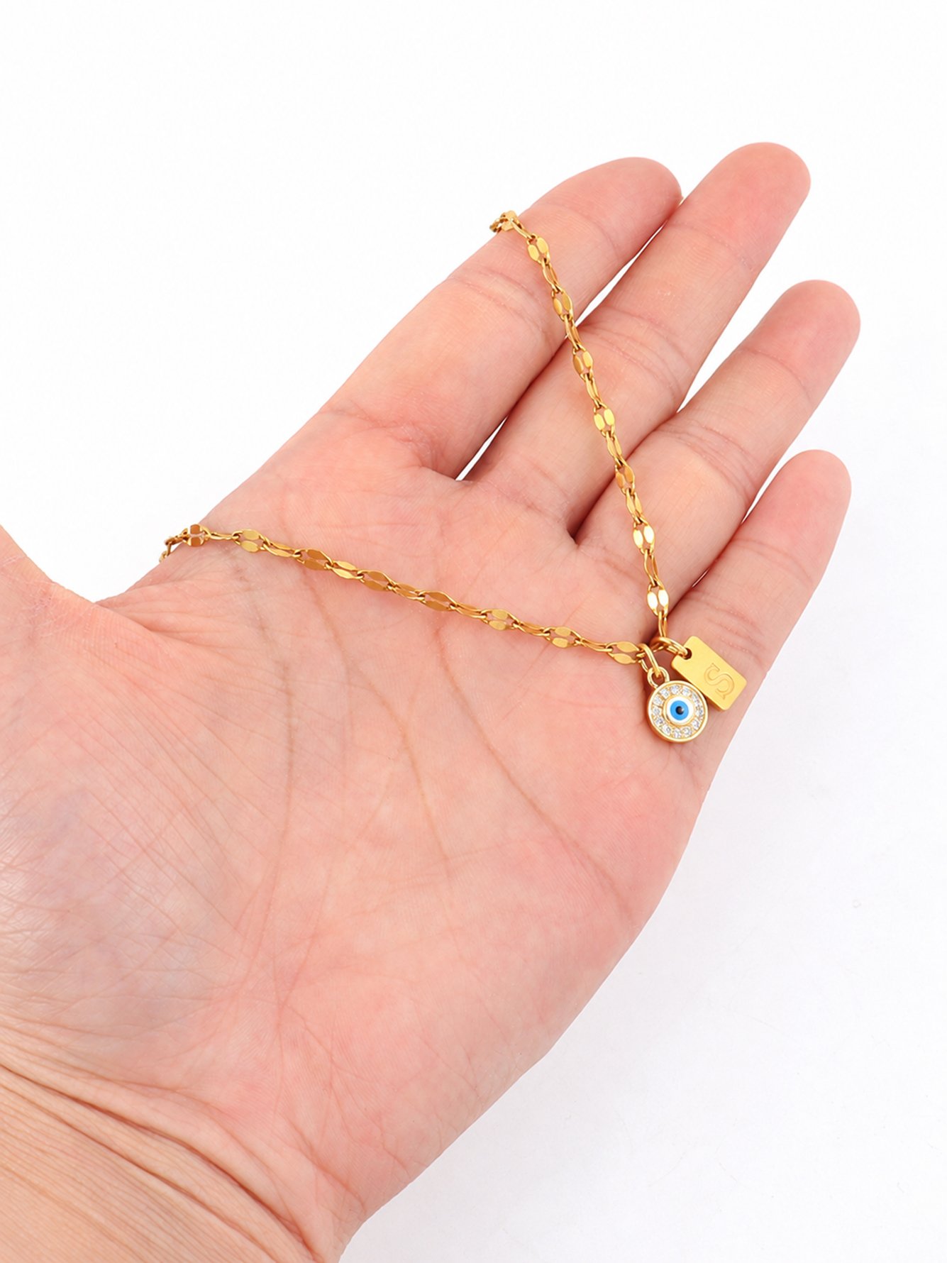 1Pcs New Fashion Rectangle Initial Round Eye Pendant Golden Stainless Steel Lip Chain Necklace For Women