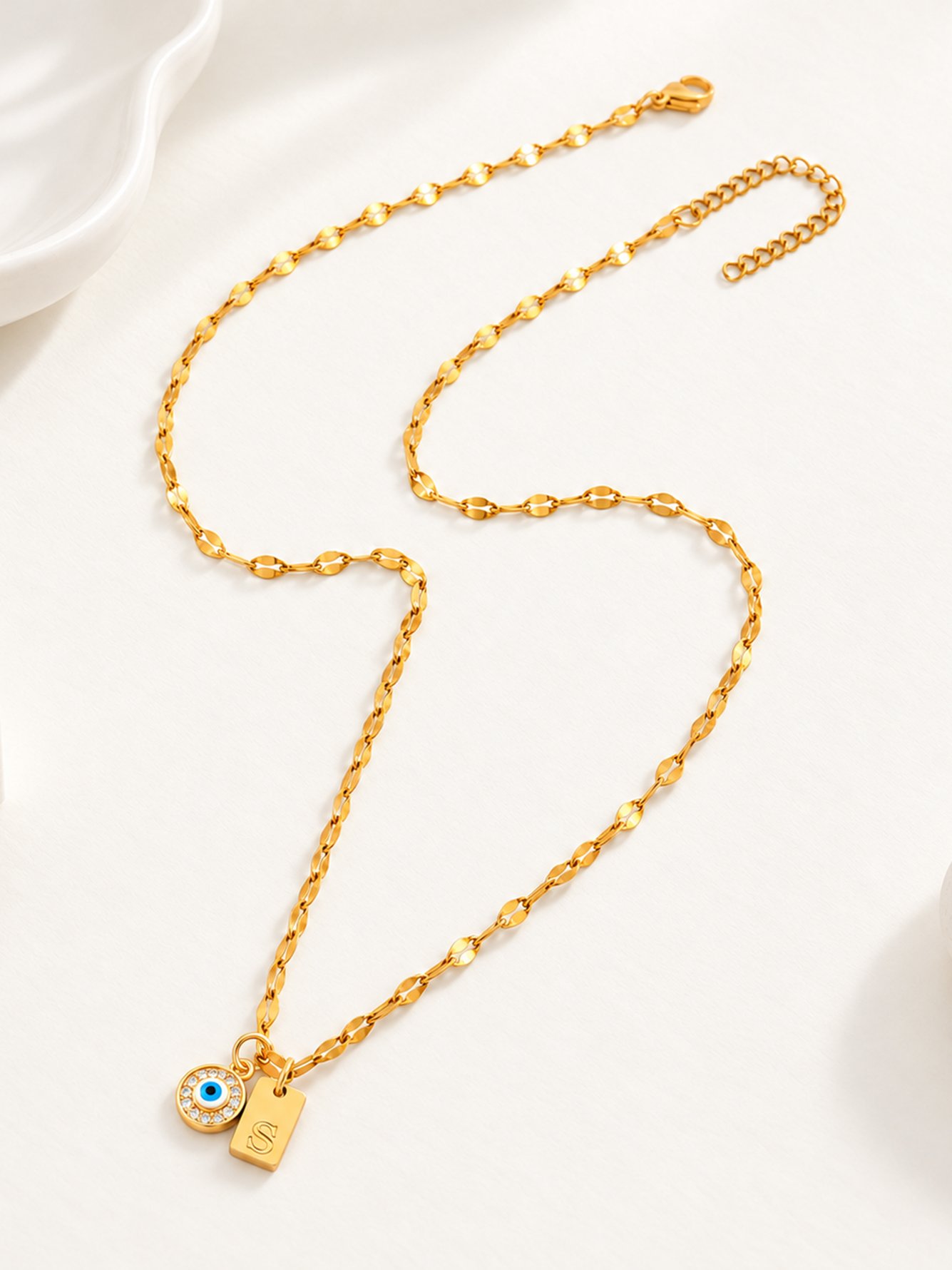 1Pcs New Fashion Rectangle Initial Round Eye Pendant Golden Stainless Steel Lip Chain Necklace For Women