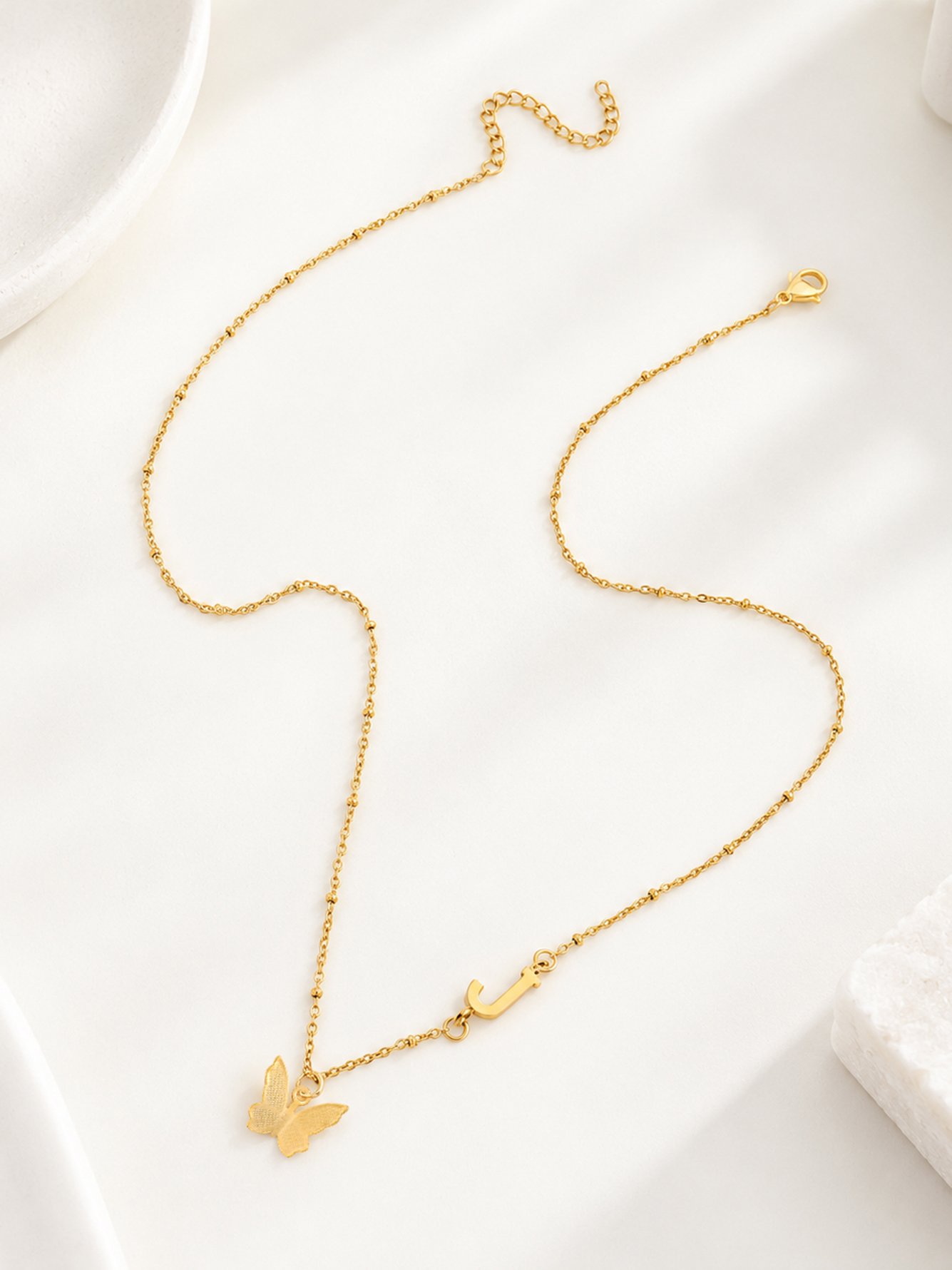 1Pcs New Fashion Golden Butterfly Initial J Pendant Stainless Steel Bead Chain Necklace For Women