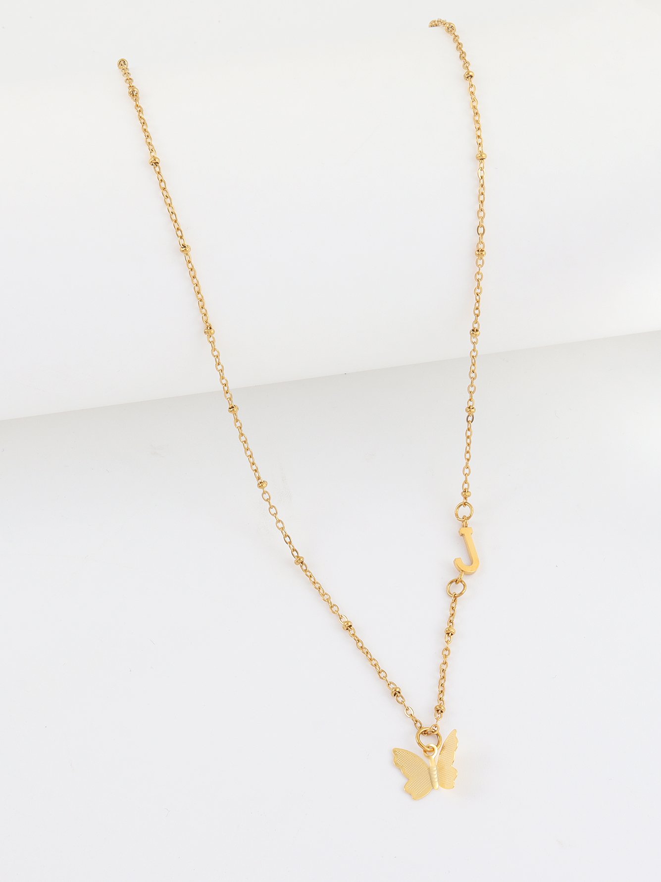 1Pcs New Fashion Golden Butterfly Initial J Pendant Stainless Steel Bead Chain Necklace For Women