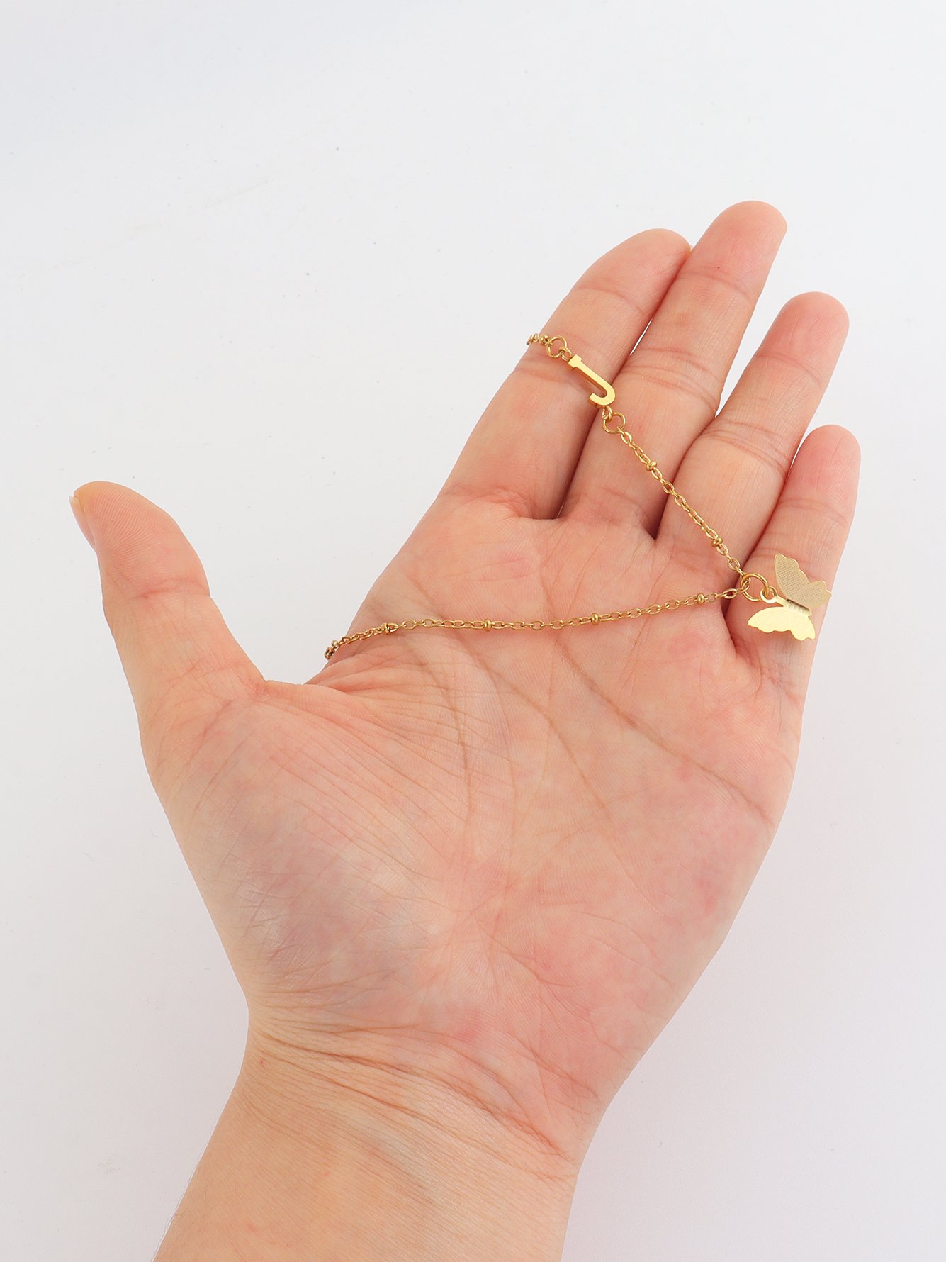 1Pcs New Fashion Golden Butterfly Initial J Pendant Stainless Steel Bead Chain Necklace For Women