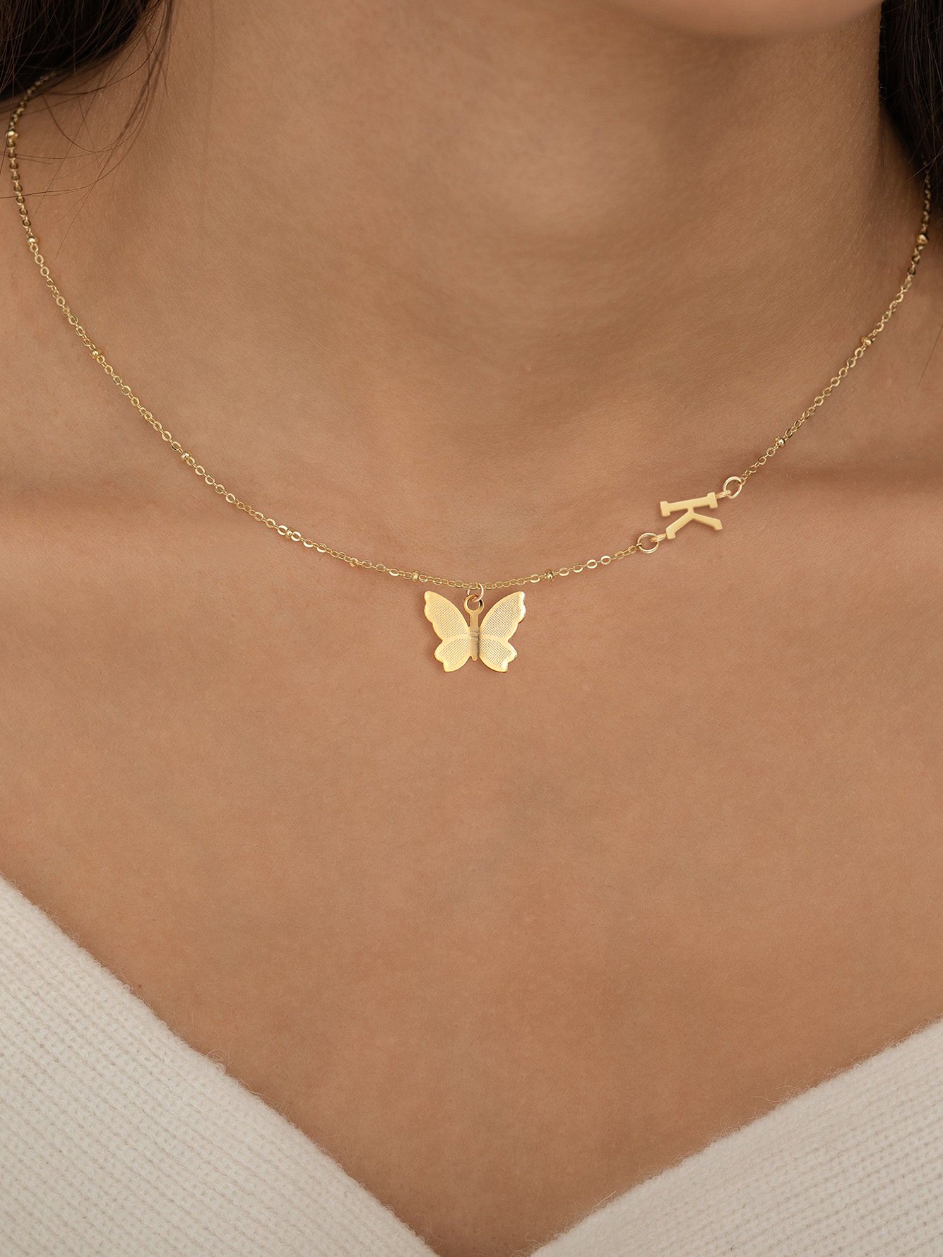 1Pcs New Fashion Golden Butterfly Initial K Pendant Stainless Steel Bead Chain Necklace For Women