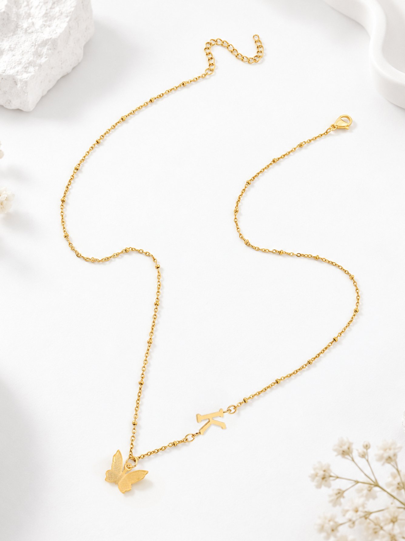 1Pcs New Fashion Golden Butterfly Initial K Pendant Stainless Steel Bead Chain Necklace For Women