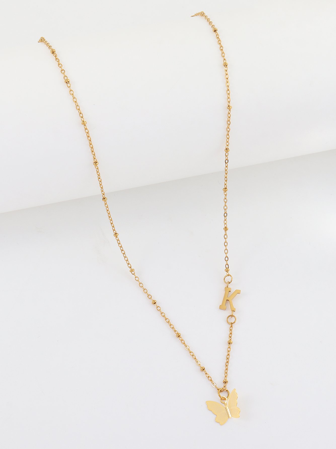 1Pcs New Fashion Golden Butterfly Initial K Pendant Stainless Steel Bead Chain Necklace For Women