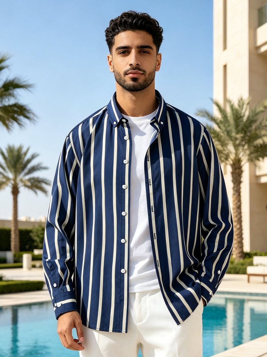 Dark Blue Striped Long Sleeves Regular Shirt