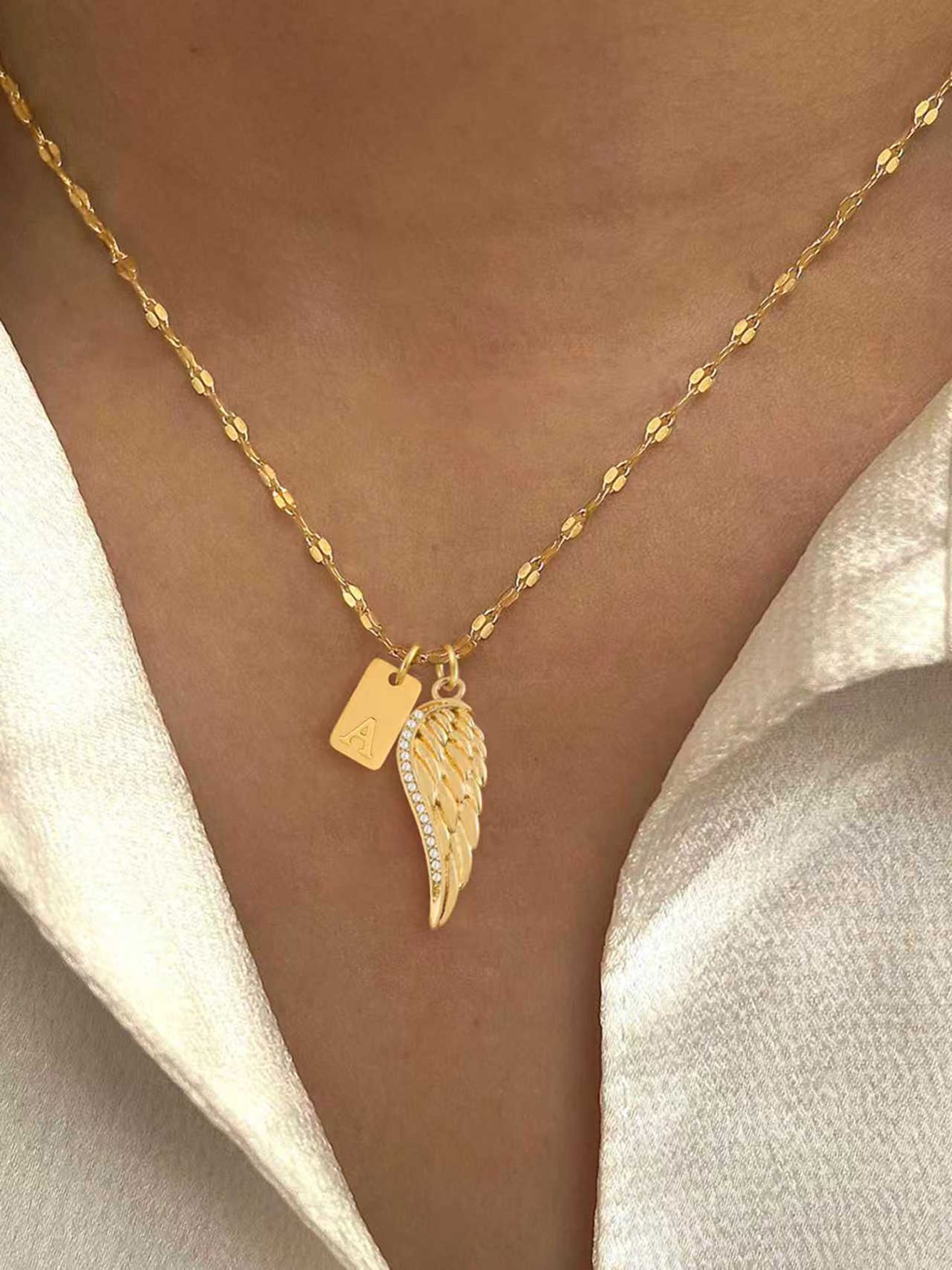 1Pcs New Fashion Rectangular A Initial Angel Wing Pendant Golden Stainless Steel Lip Chain Necklace For Women