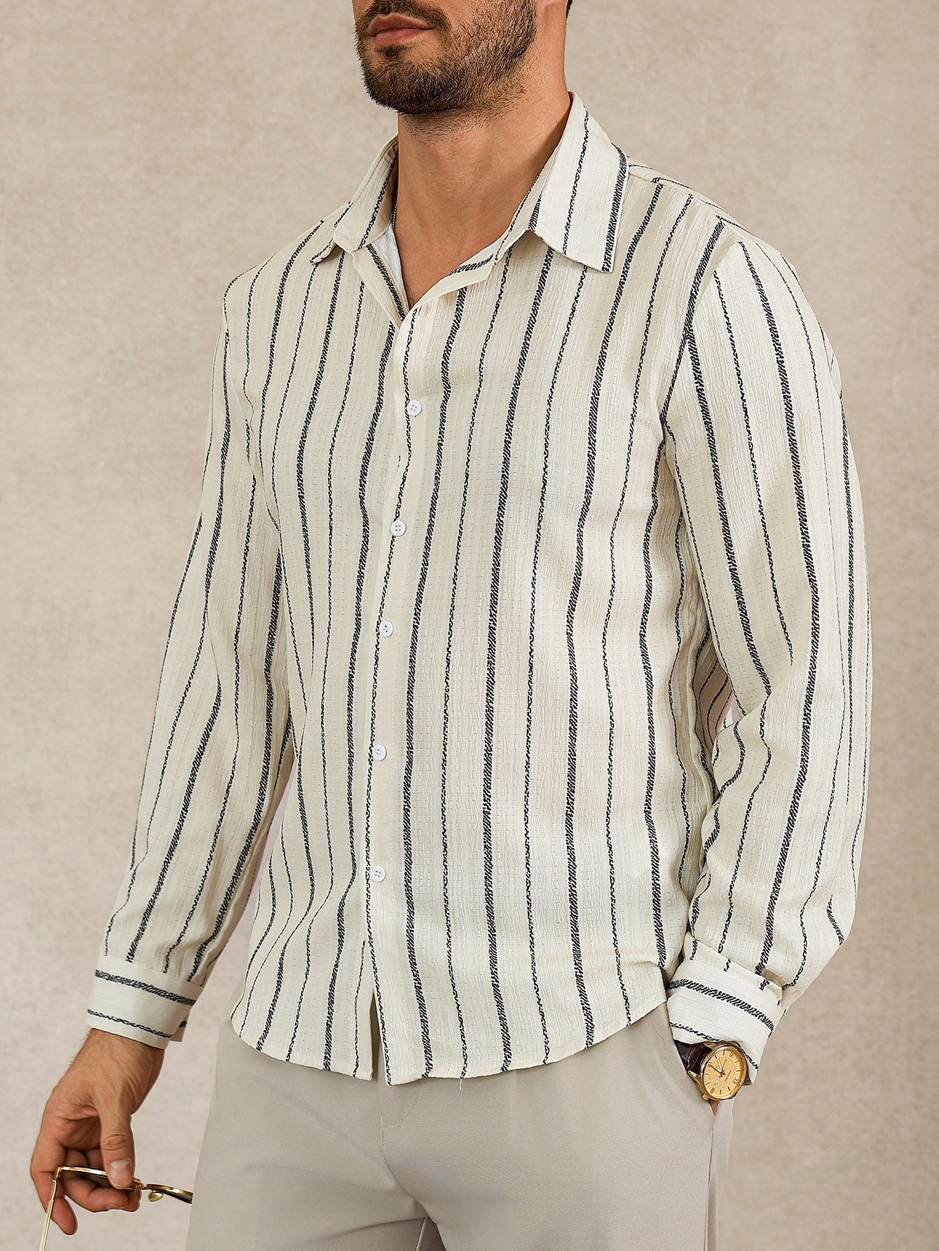 Off White Striped Long Sleeves Regular Shirt
