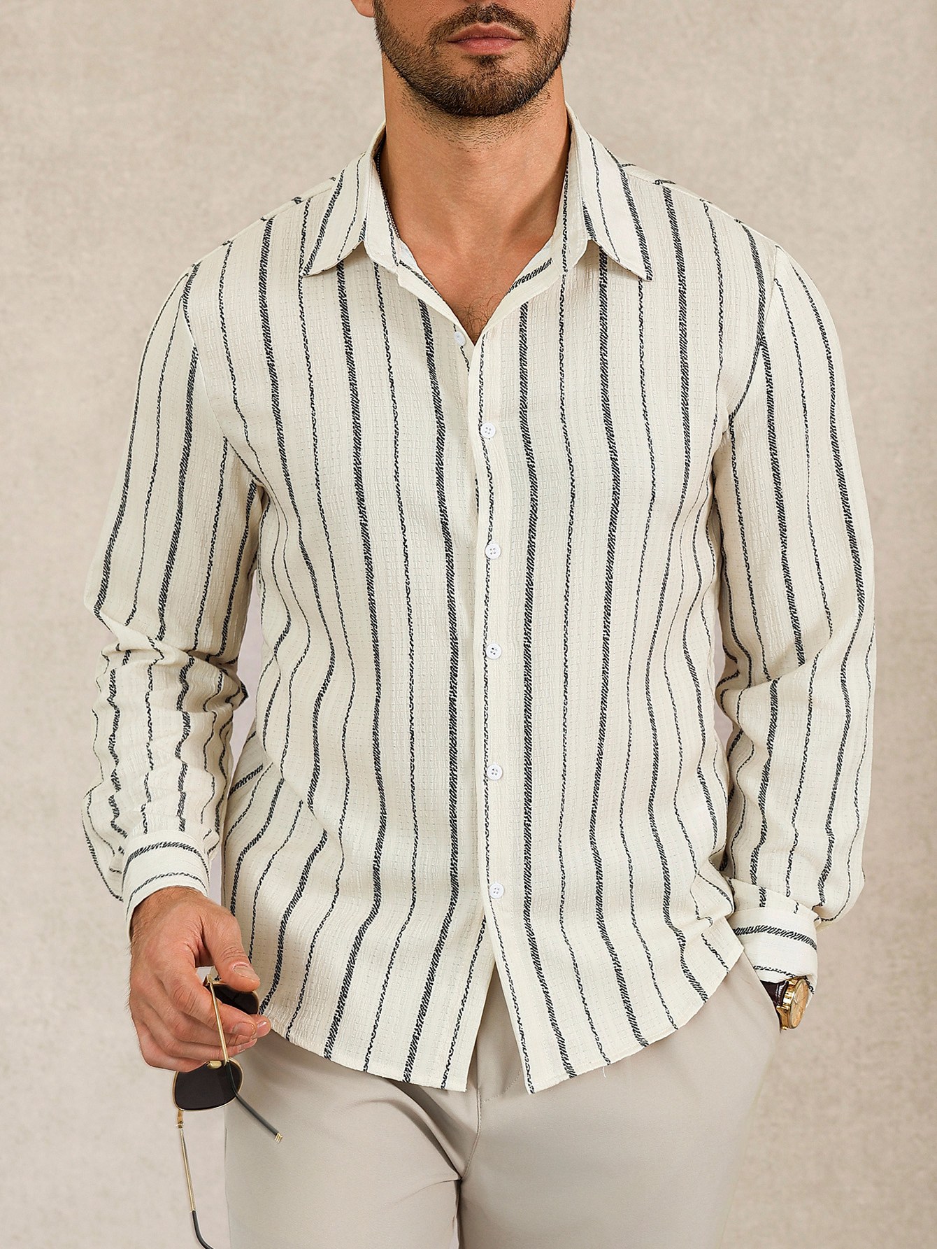 Off White Striped Long Sleeves Regular Shirt