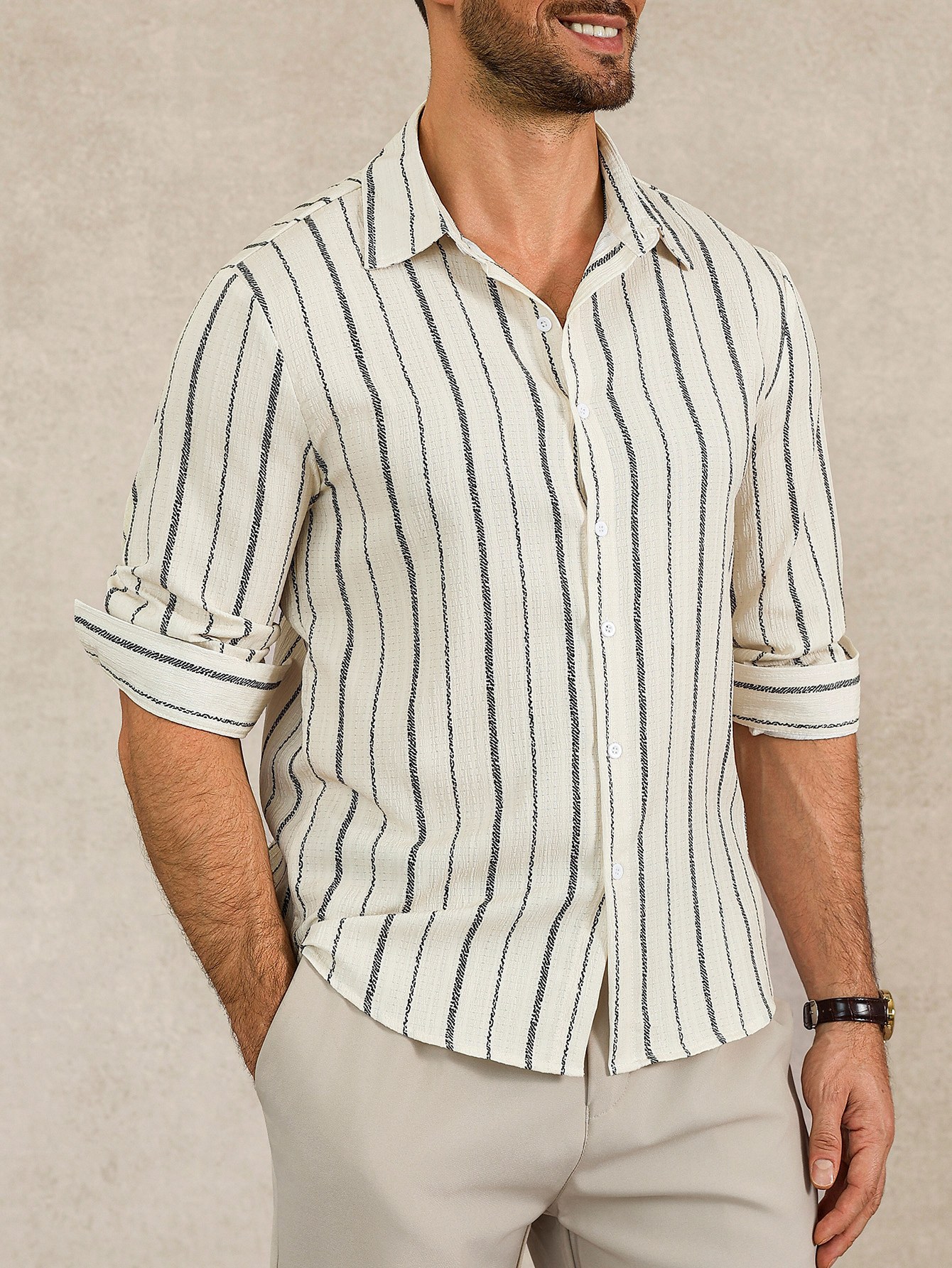 Off White Striped Long Sleeves Regular Shirt