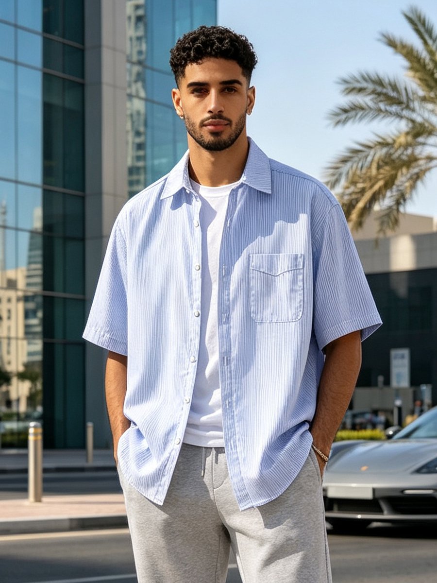 Light Blue Solid Short Sleeves Relaxed Shirt