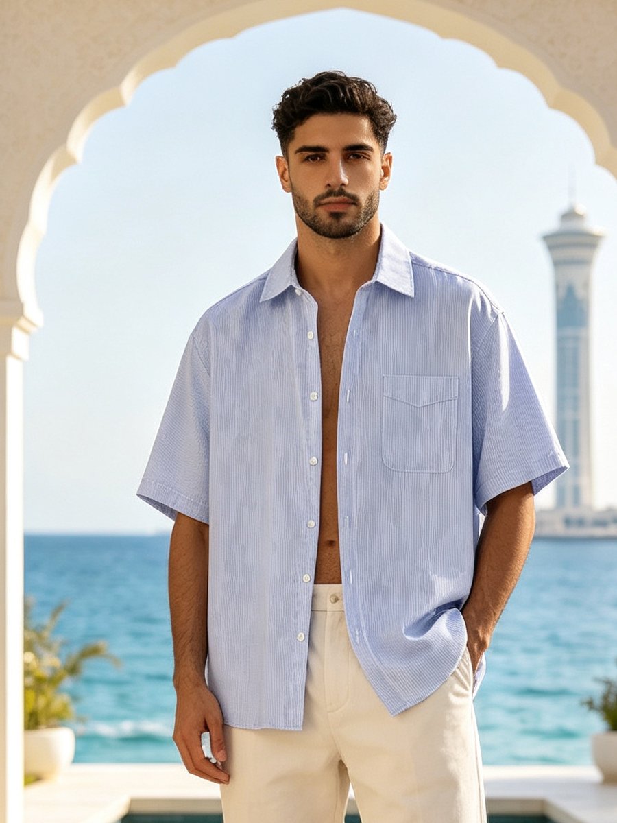 Light Blue Solid Short Sleeves Relaxed Shirt