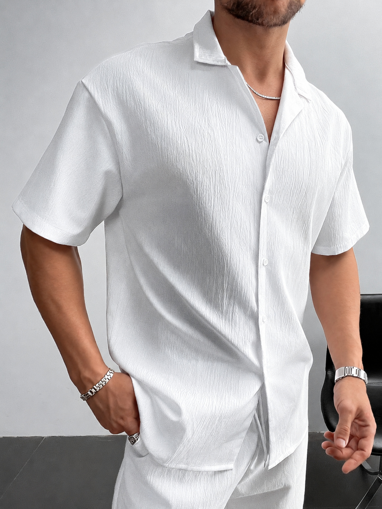 White Texture Shirt and Shorts Set