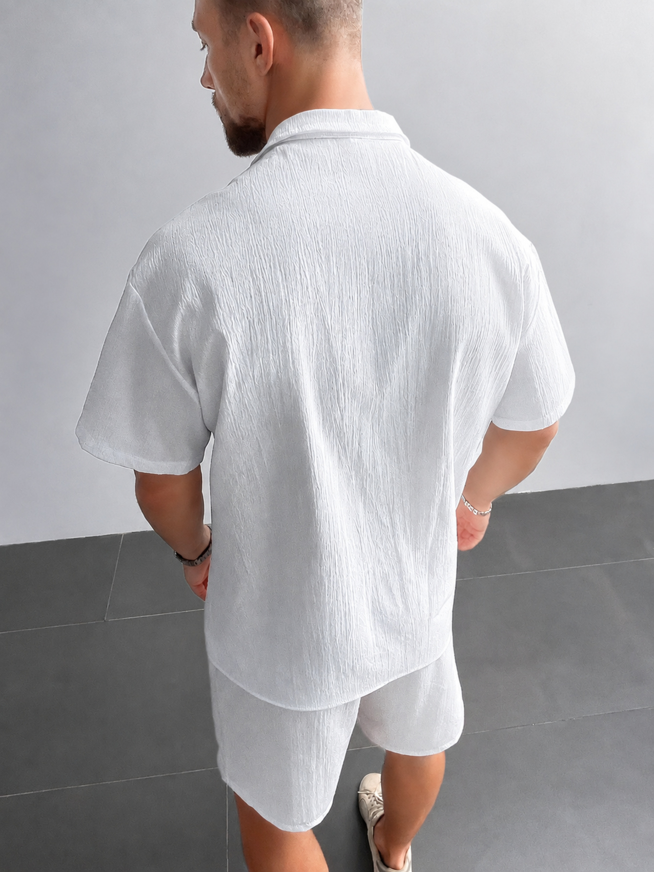 White Texture Shirt and Shorts Set
