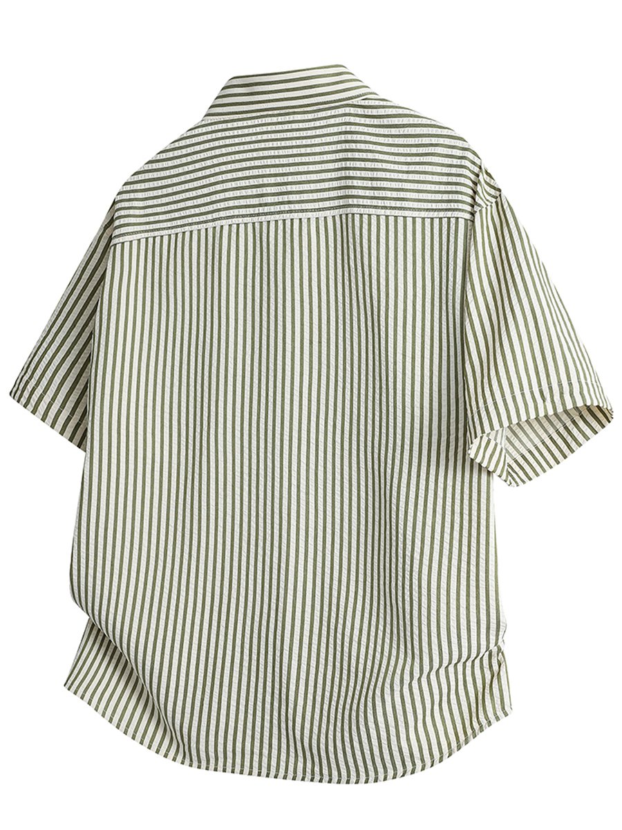 Green Striped Short Sleeves Relaxed Shirt