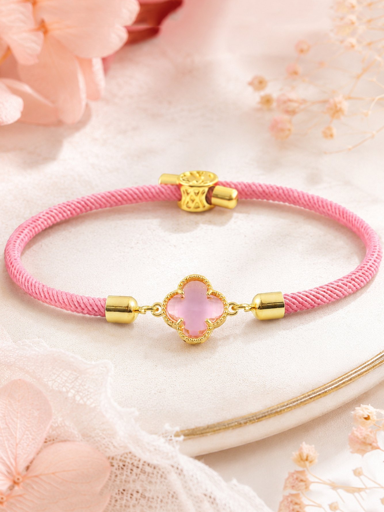 Pink Clover Gold Plated Adjustable Bracelet for Women - Casual