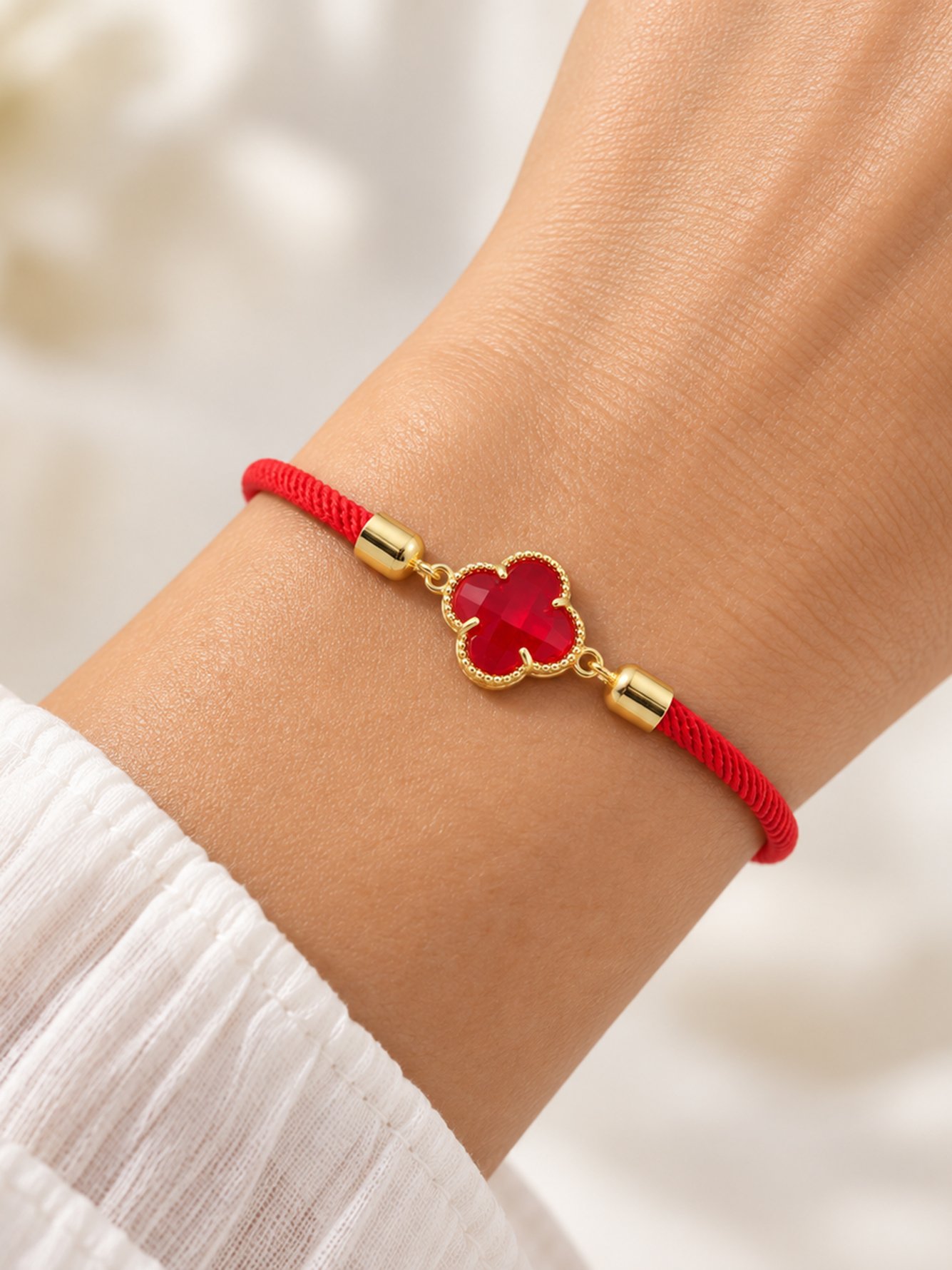 Red Cord Bracelet with Gold Clover Charm for Women - Casual and