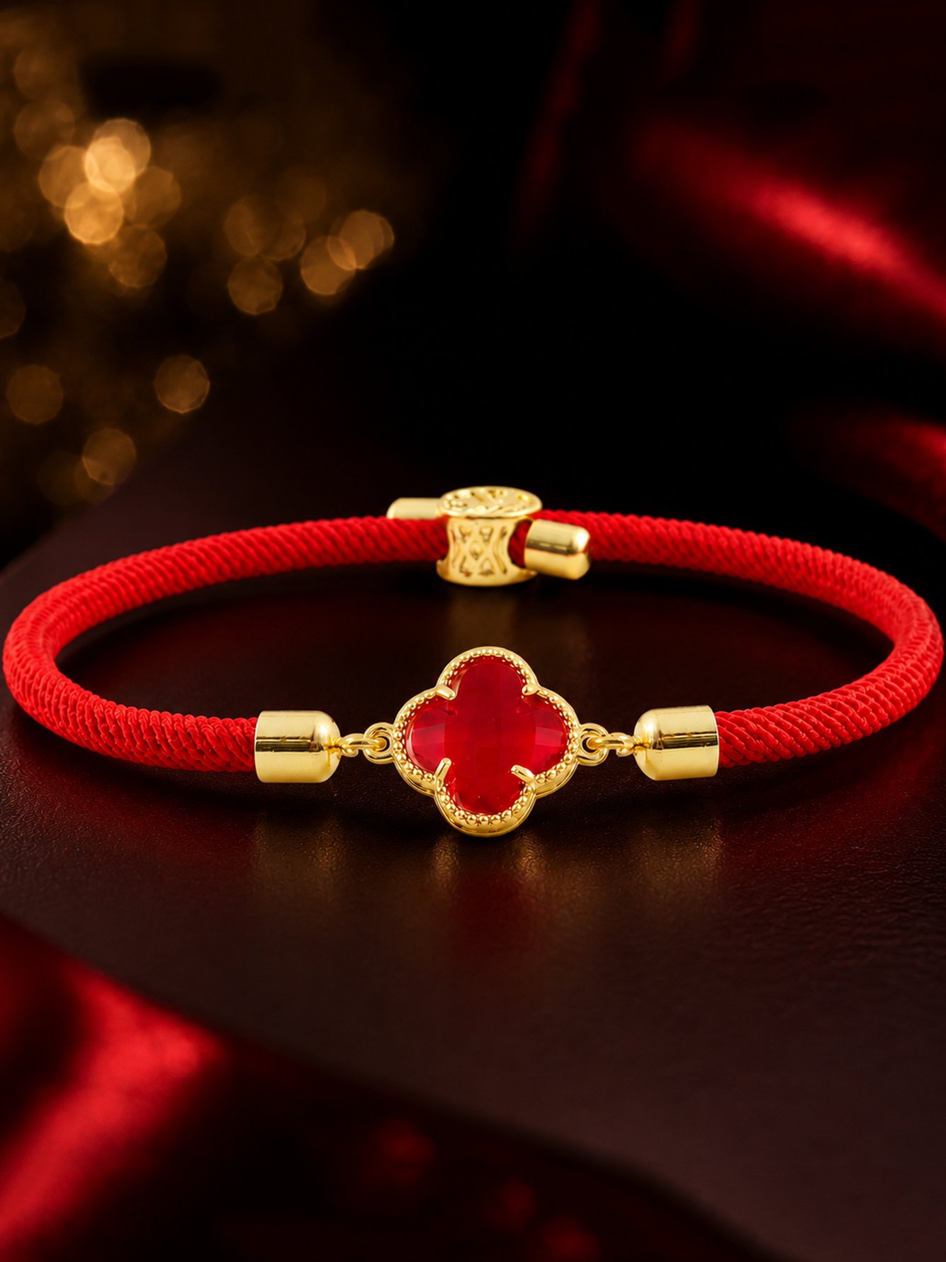 Red Cord Bracelet with Gold Clover Charm for Women - Casual and