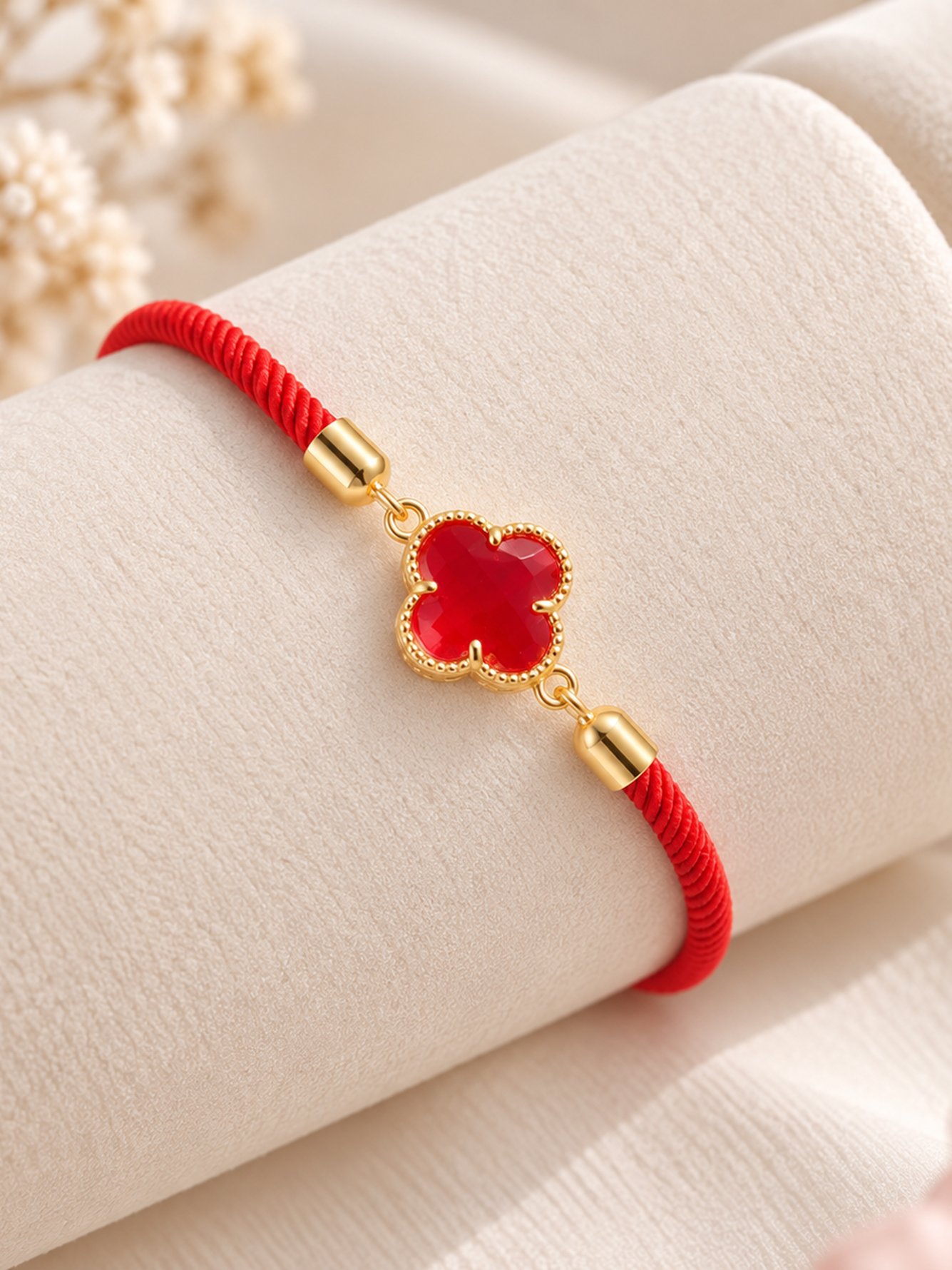 Red Cord Bracelet with Gold Clover Charm for Women - Casual and
