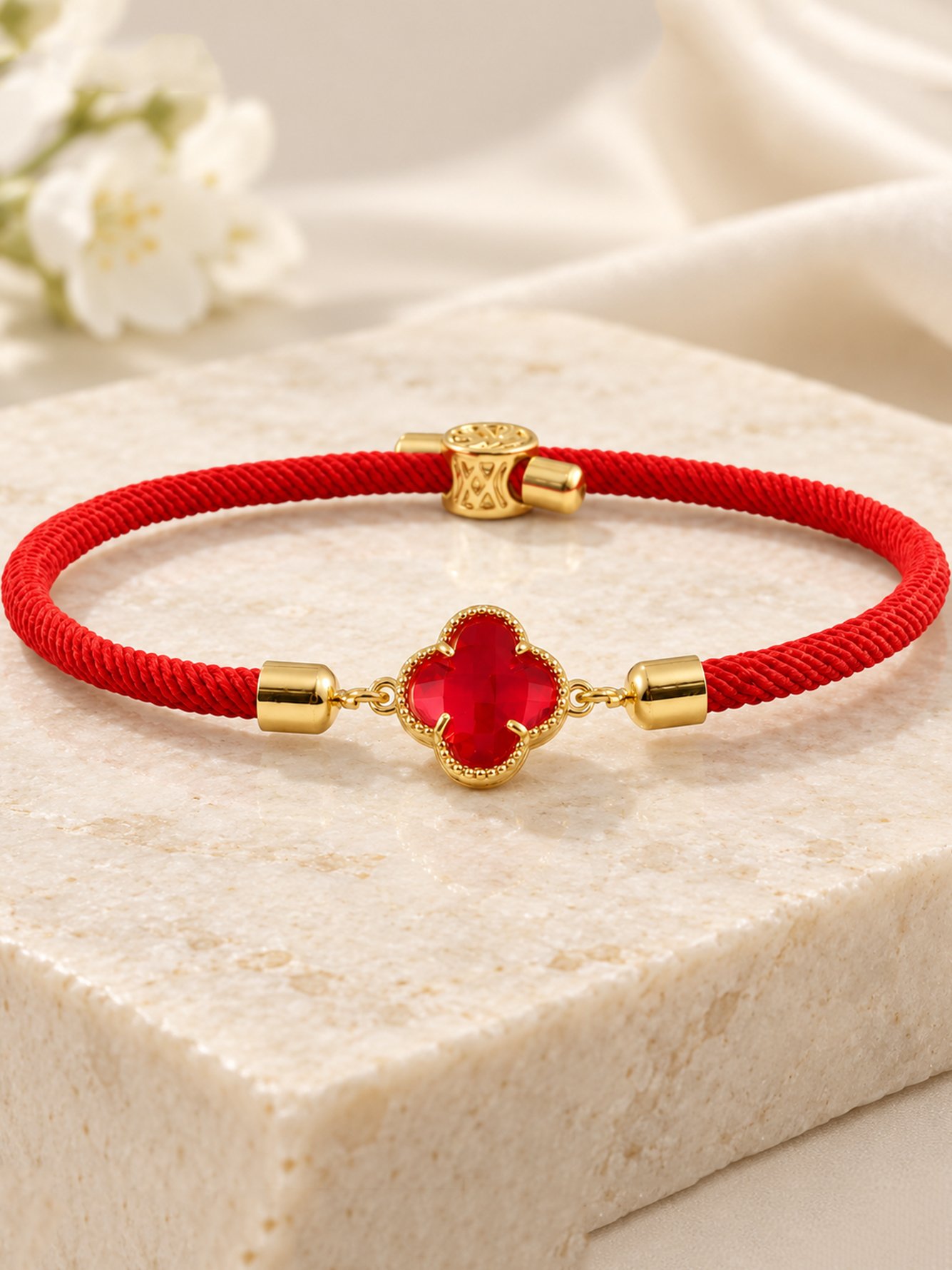 Red Cord Bracelet with Gold Clover Charm for Women - Casual and