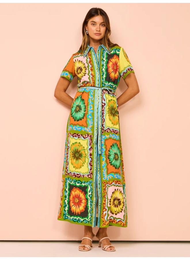 Floral Print A-Line Ankle Length Dress with Short Sleeves