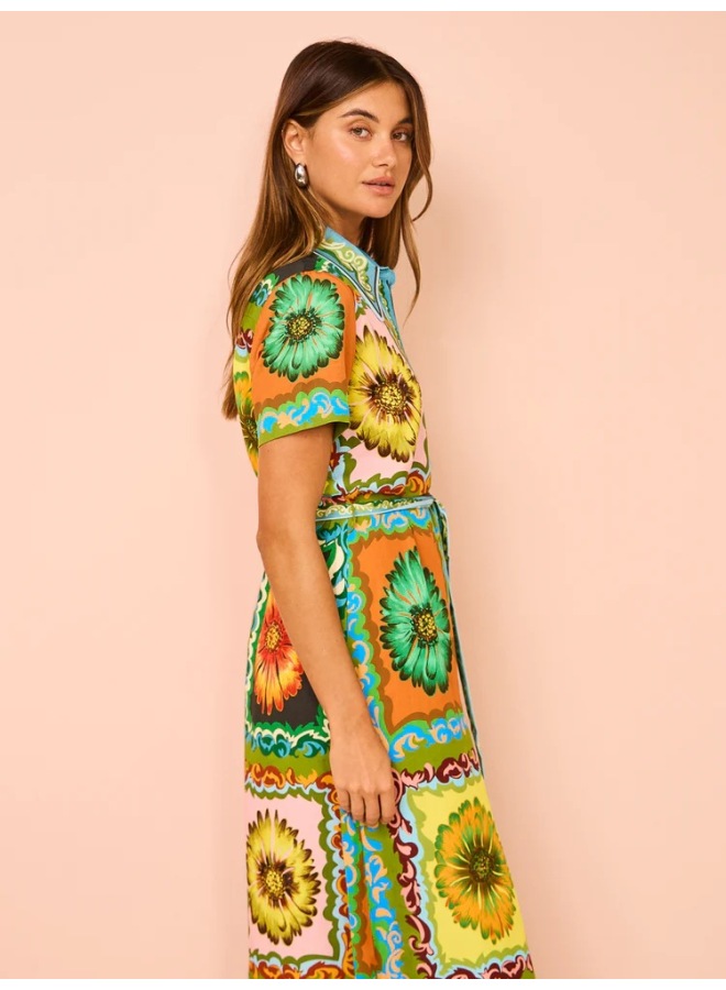 Floral Print A-Line Ankle Length Dress with Short Sleeves