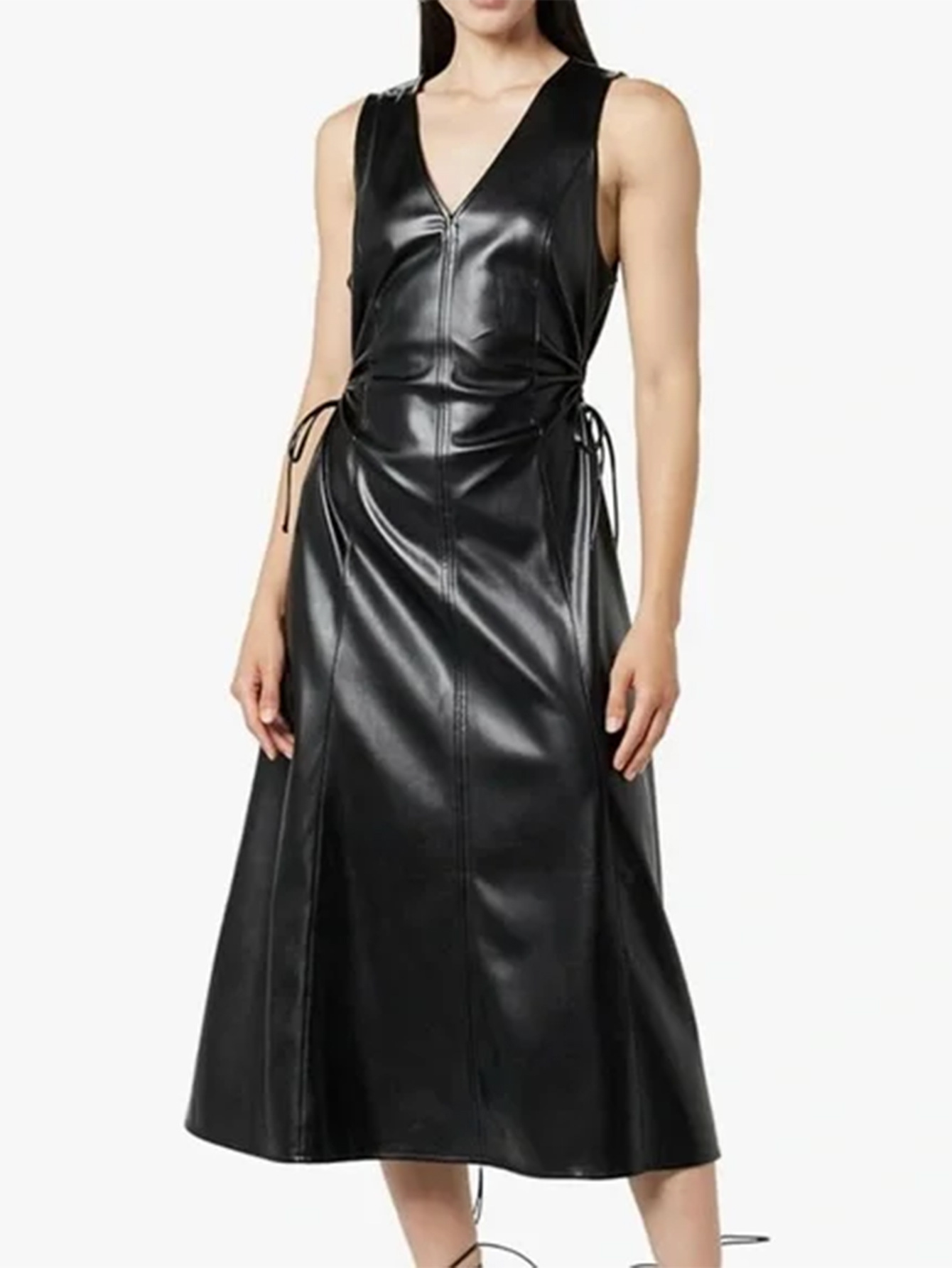 Black Faux Leather Midi A-Line Dress with Drawstring Waist
