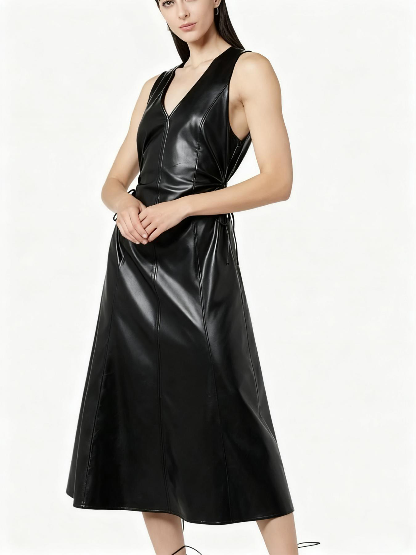 Black Faux Leather Midi A-Line Dress with Drawstring Waist