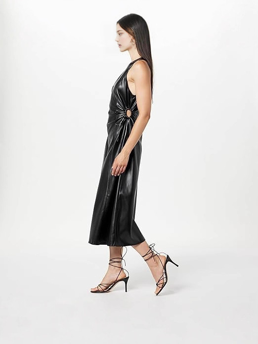 Black Faux Leather Midi A-Line Dress with Drawstring Waist