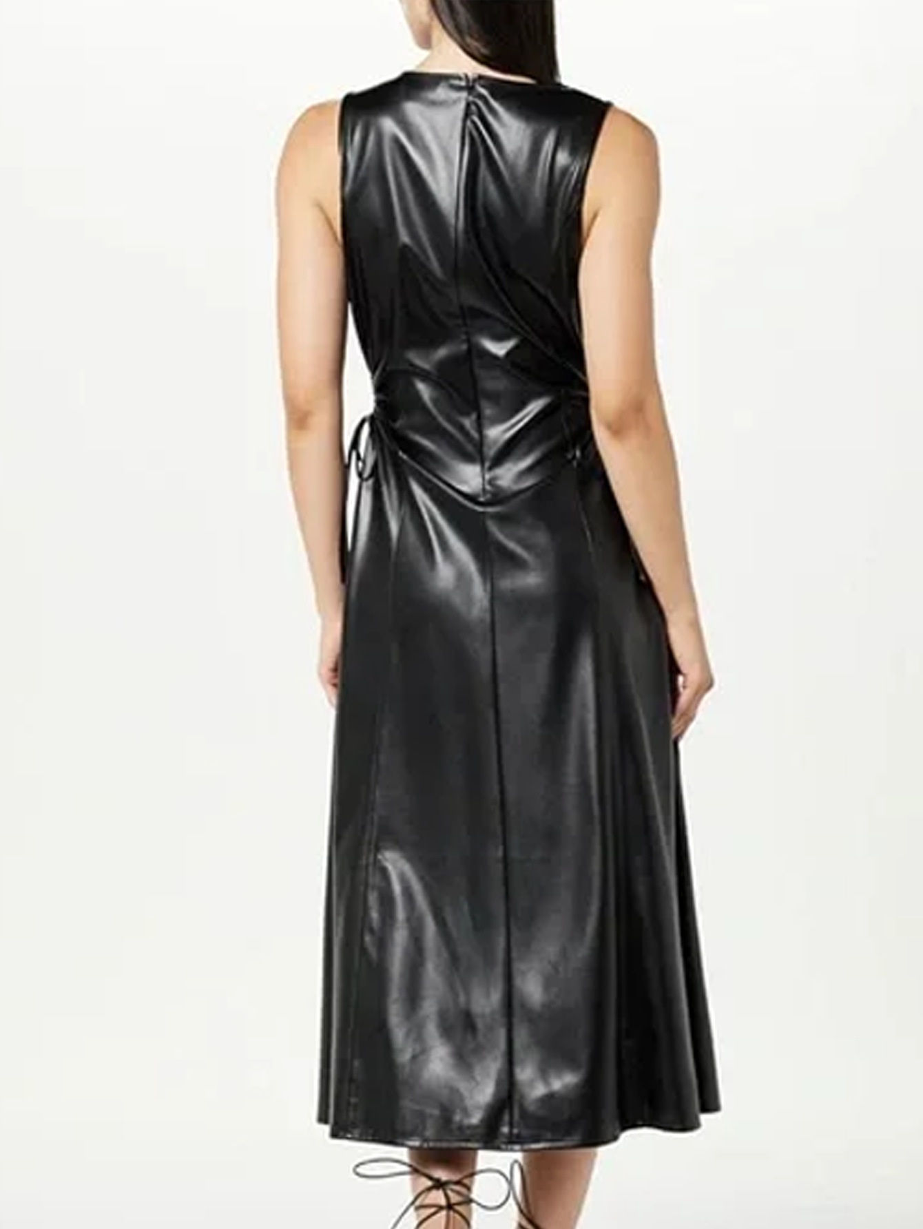 Black Faux Leather Midi A-Line Dress with Drawstring Waist