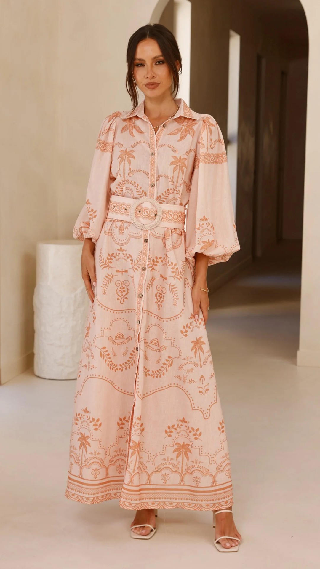 Peach A-Line Ankle Length Dress with Palm Print and Long Sleeves