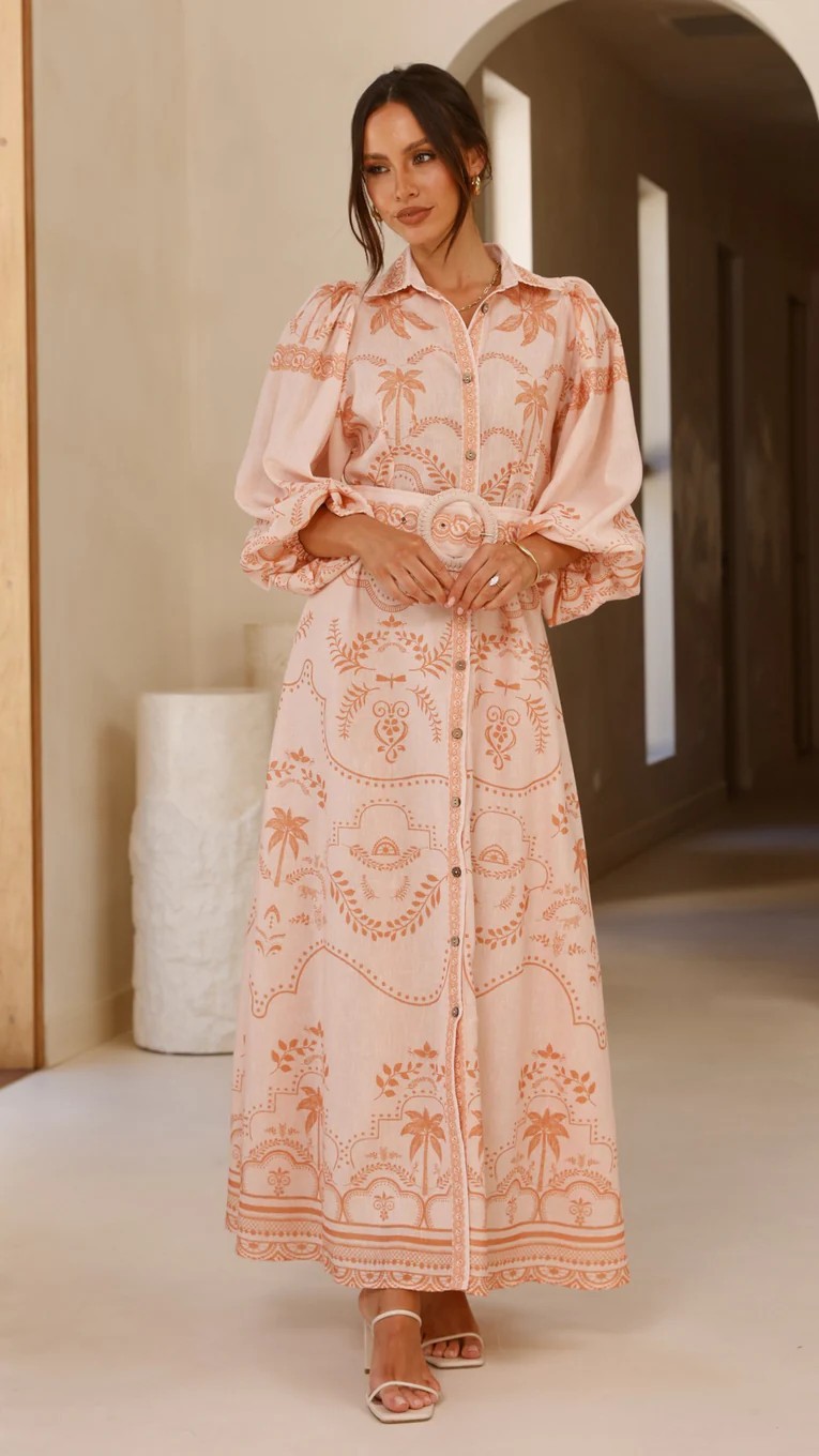 Peach A-Line Ankle Length Dress with Palm Print and Long Sleeves