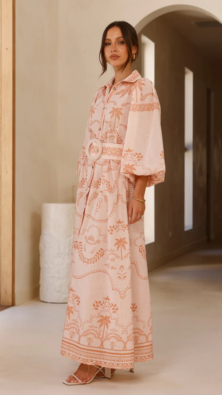 Peach A-Line Ankle Length Dress with Palm Print and Long Sleeves