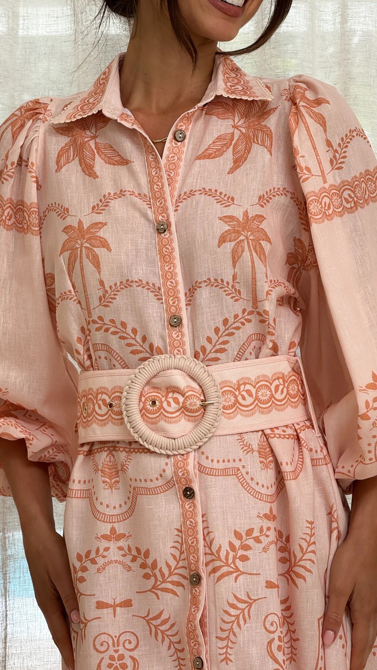 Peach A-Line Ankle Length Dress with Palm Print and Long Sleeves