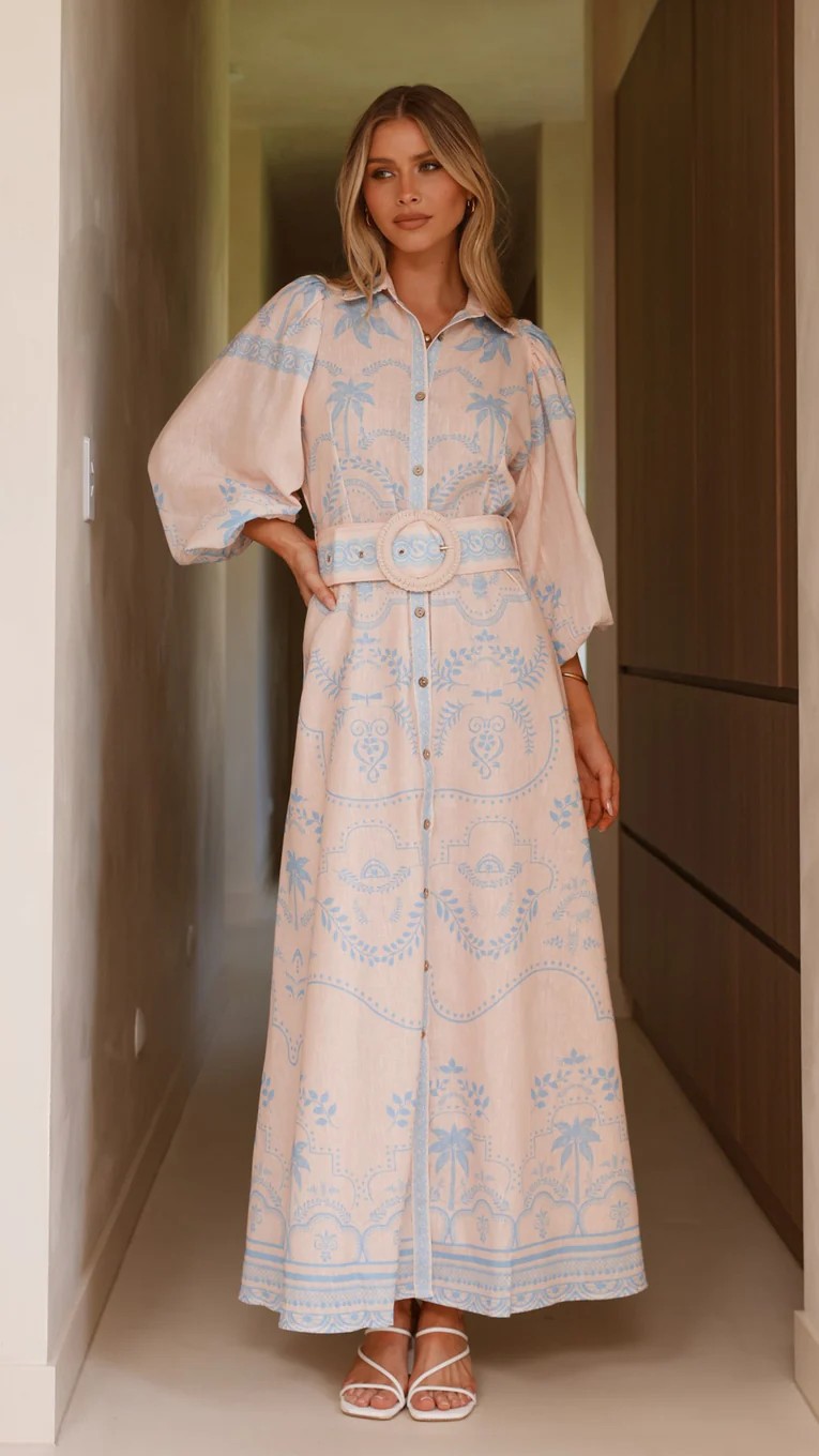 Nude A-Line Ankle Length Dress with Palm Print and Long Sleeves