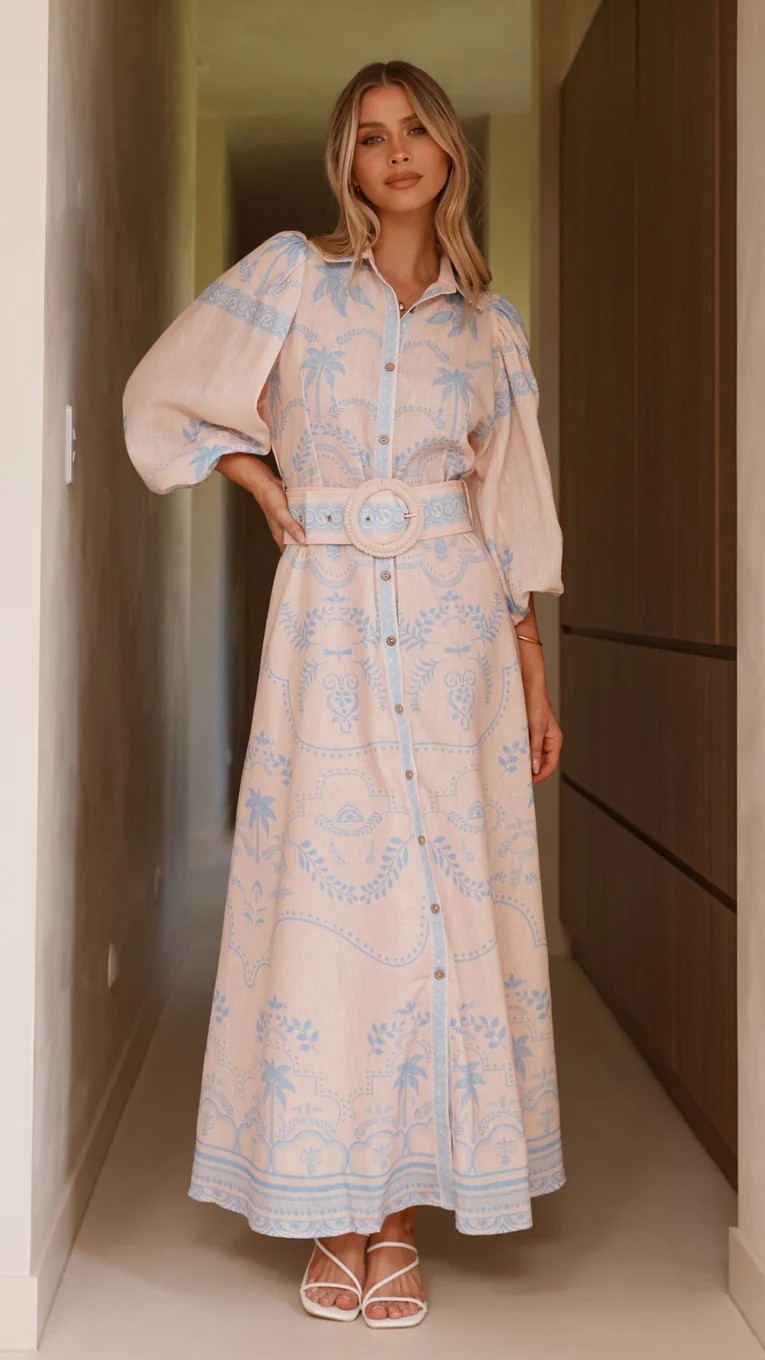 Nude A-Line Ankle Length Dress with Palm Print and Long Sleeves