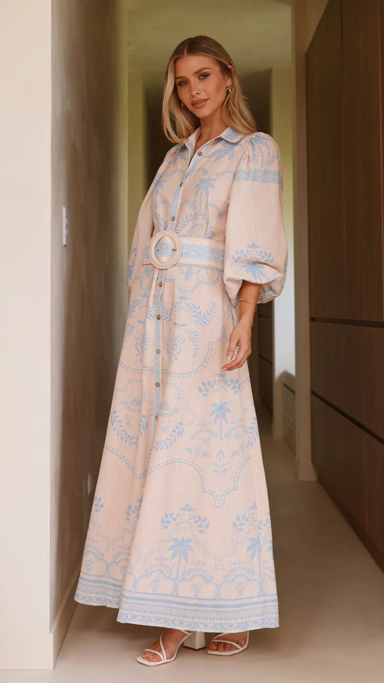 Nude A-Line Ankle Length Dress with Palm Print and Long Sleeves
